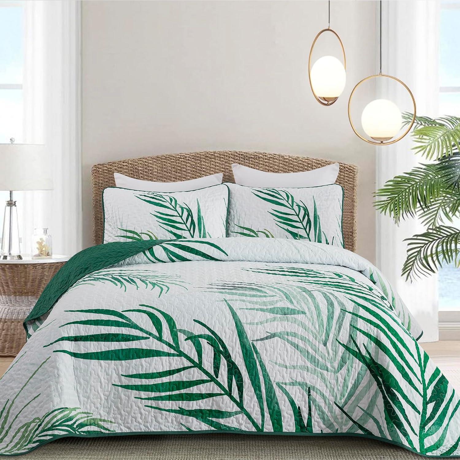 King Size Hunter Green Palm Leaf Microfiber Bedspread Set