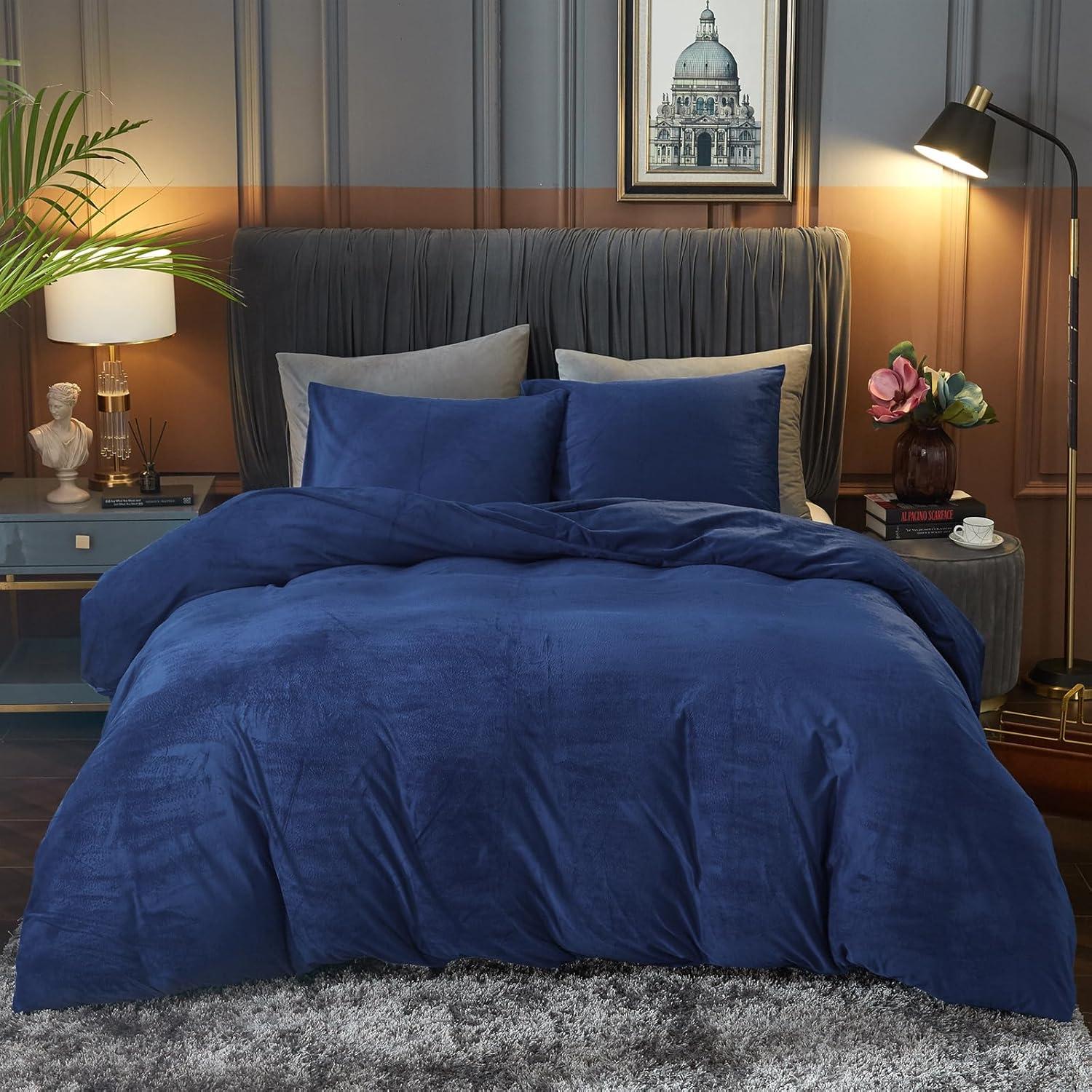 Ivellow Velvet Duvet Cover Queen Size 3 Pcs Flannel Navy Blue Duvet Cover Queen Velvet Comforter Cover Bedding Set Ultra Soft Cozy Solid Luxury Velour Duvet Cover Set Zipper Closure Corner Ties