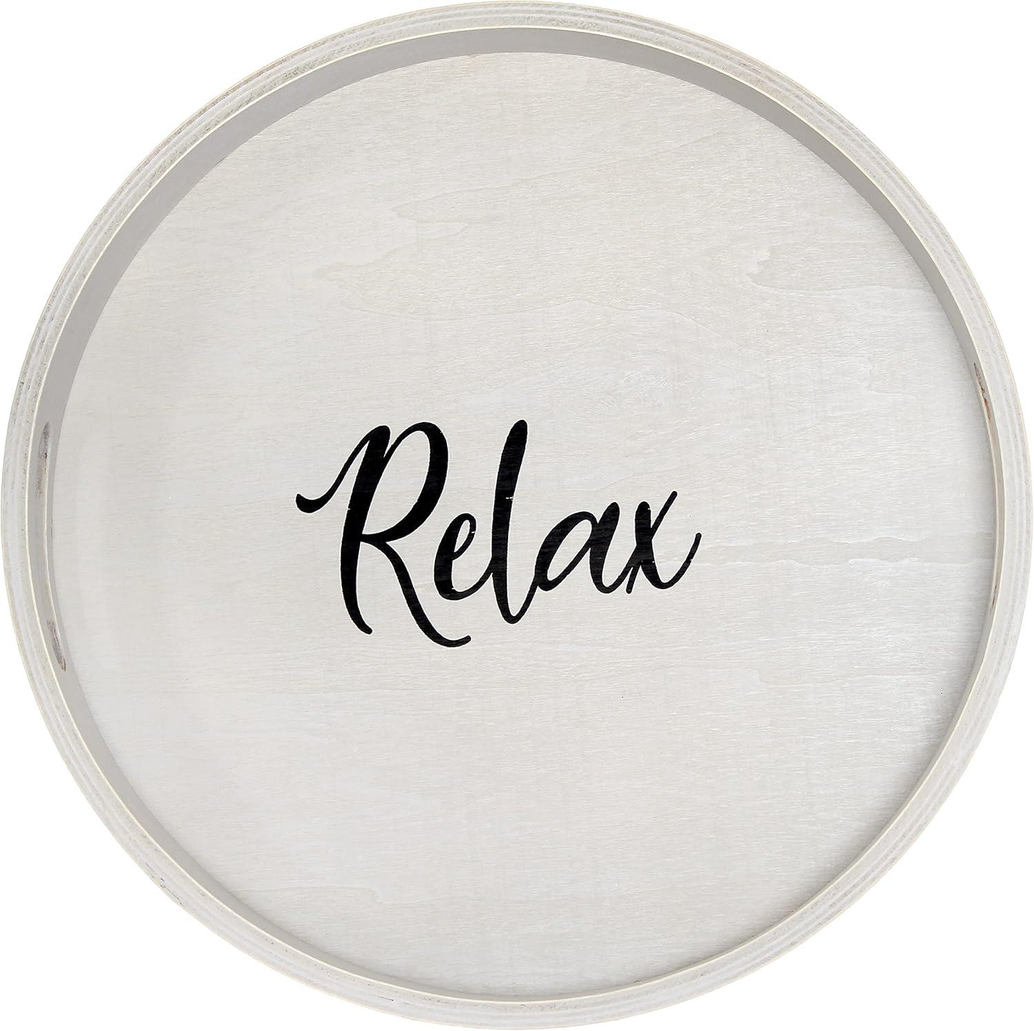 Elegant Designs Decorative 13.75" Round Wood Serving Tray w/ Handles, "Relax"