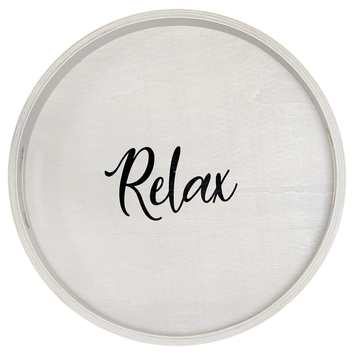 Elegant Designs Decorative 13.75" Round Wood Serving Tray w/ Handles, "Relax"