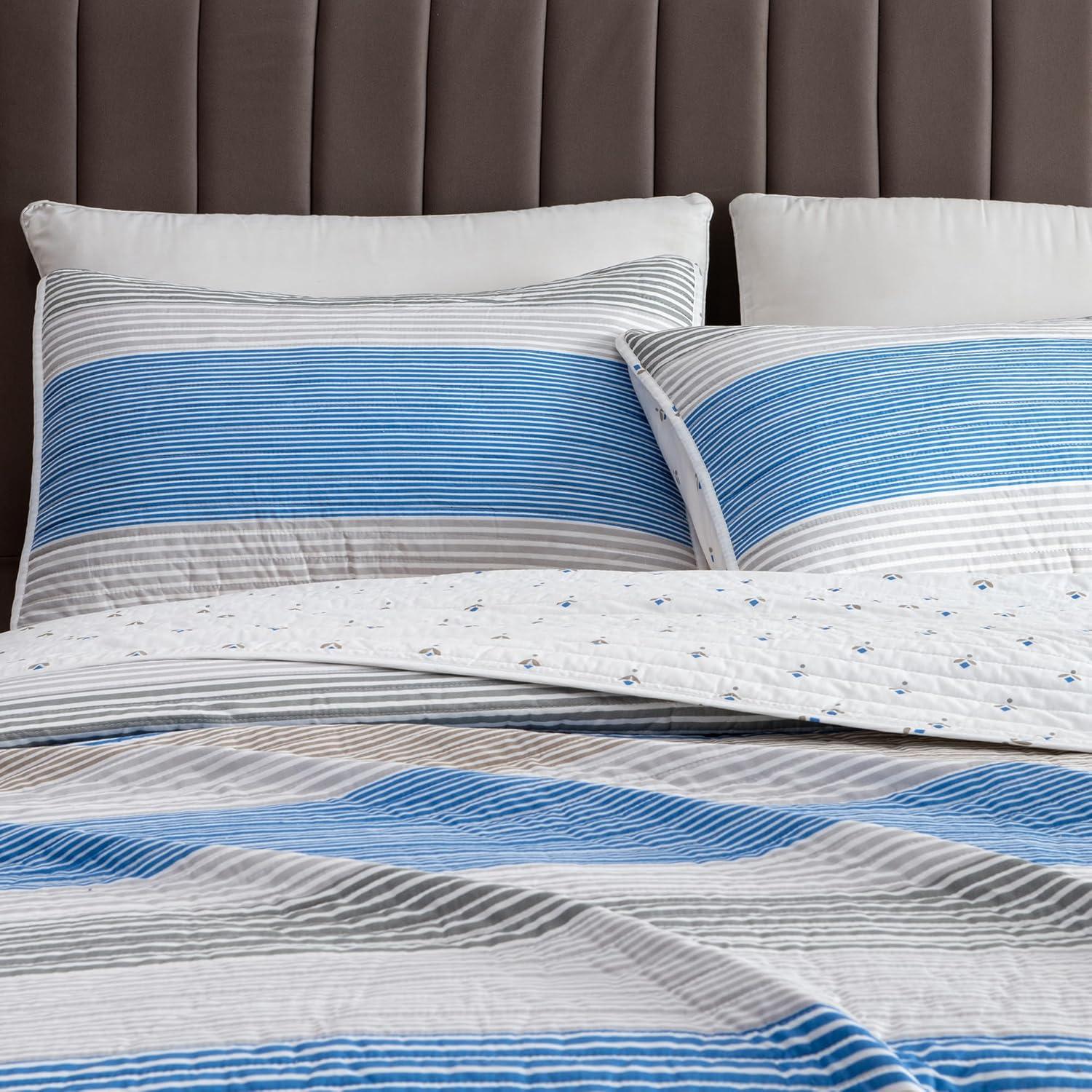 Blue / White / Grey Striped Reversible Quilt Set with Shams