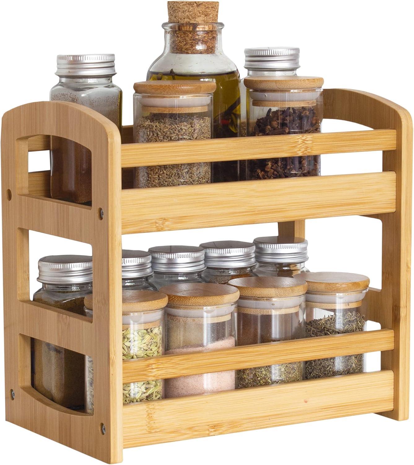 Gracie Oaks Bamboo 2 Shelf Spice Caddy, Organizer Rack For Kitchen Countertop Or Cupboard