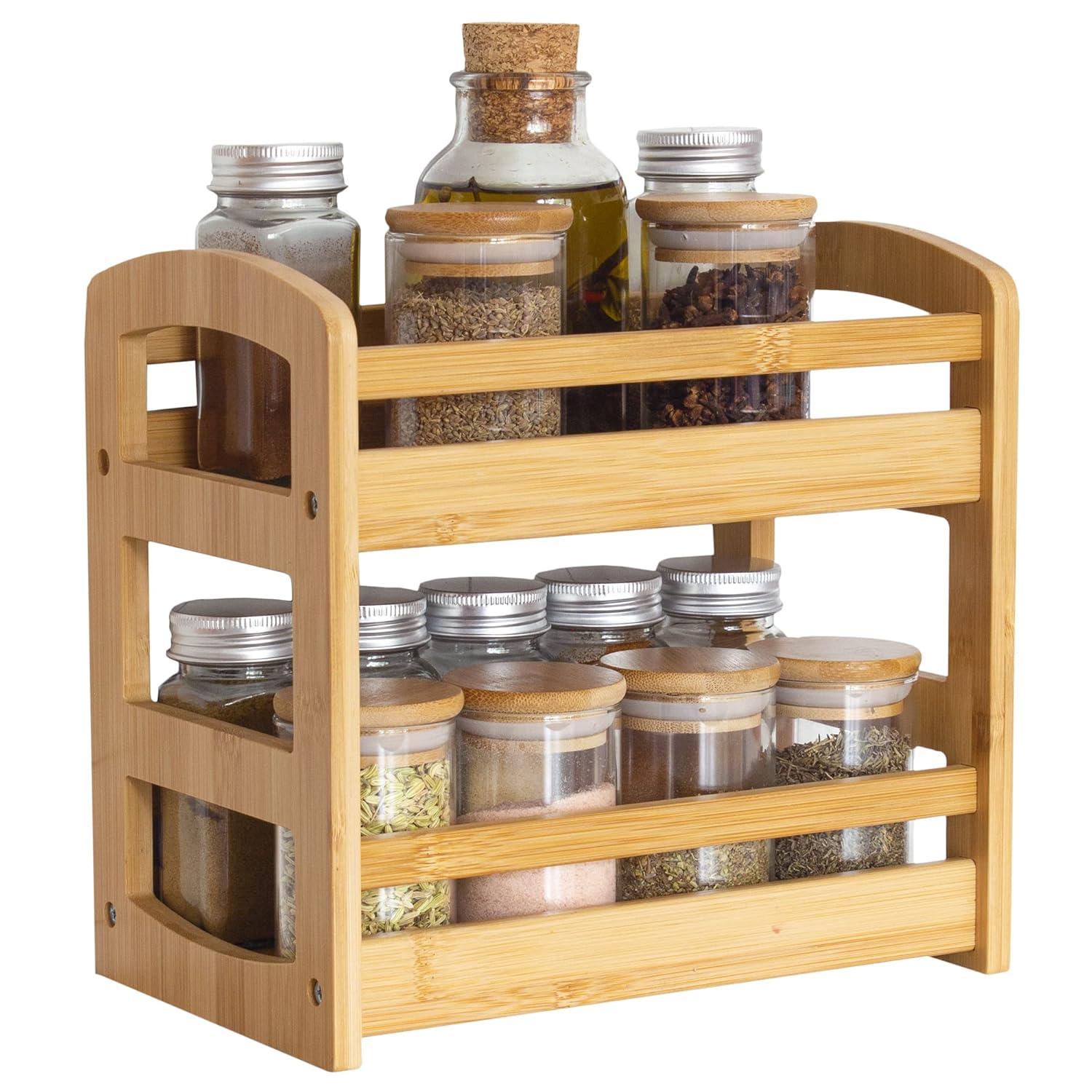 Gracie Oaks Bamboo 2 Shelf Spice Caddy, Organizer Rack For Kitchen Countertop Or Cupboard