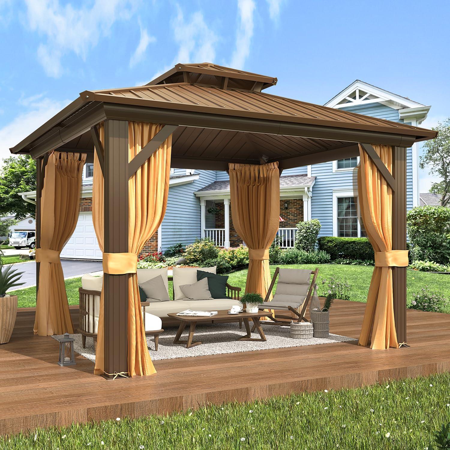 10' x 10' Brown Steel and Aluminum Outdoor Gazebo with Curtains