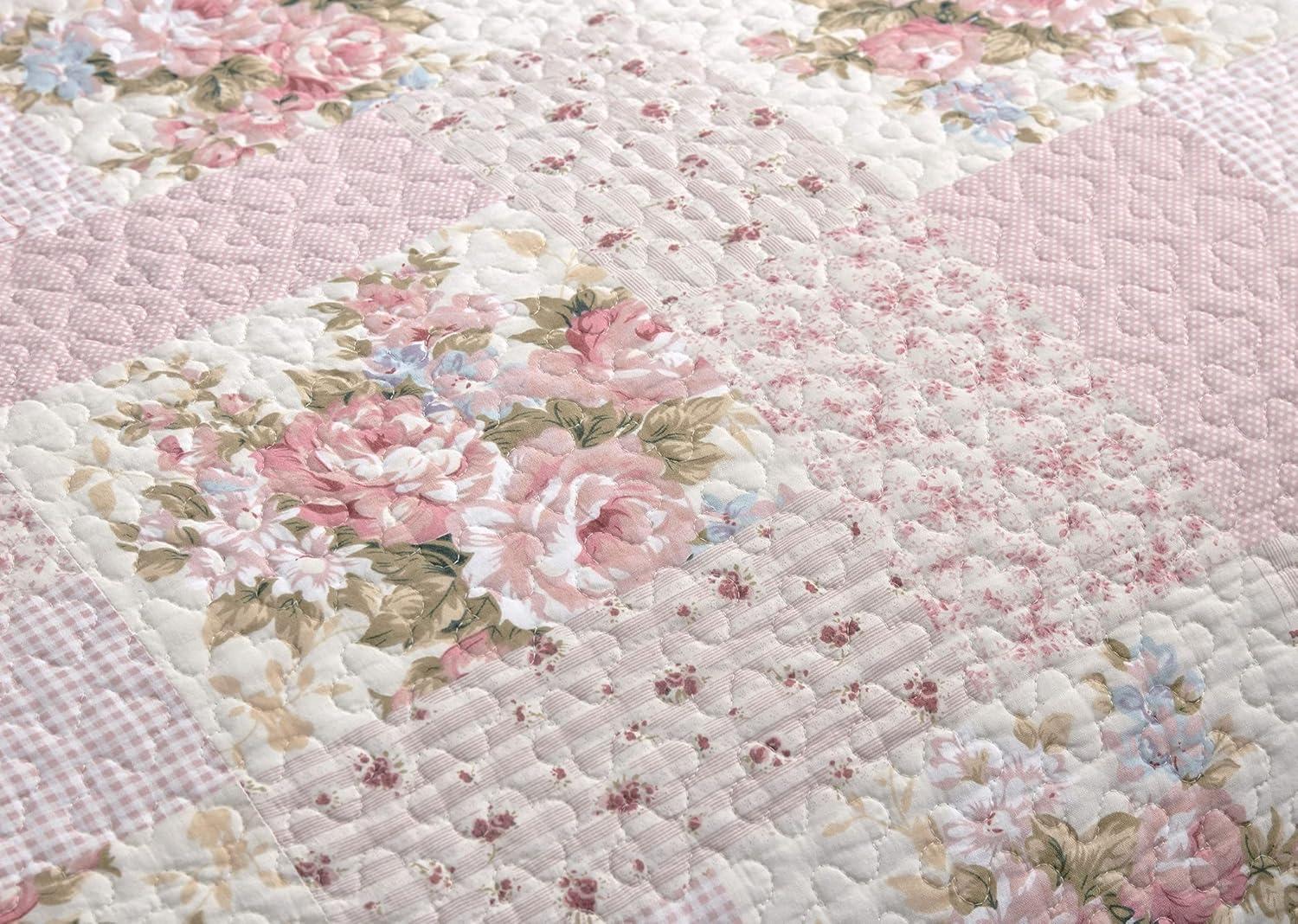 Pink Floral Patchwork Twin Reversible Cotton Quilt Set