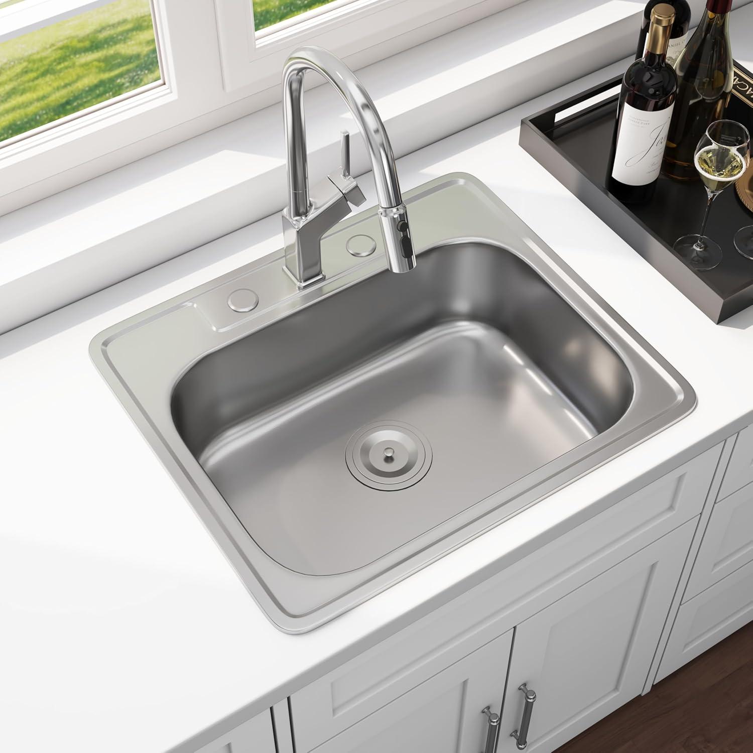 Blenzia 25 Inch Topmount Drop In Kitchen Sink 304 Stainless Steel Sinks 25" X 22" X 8"