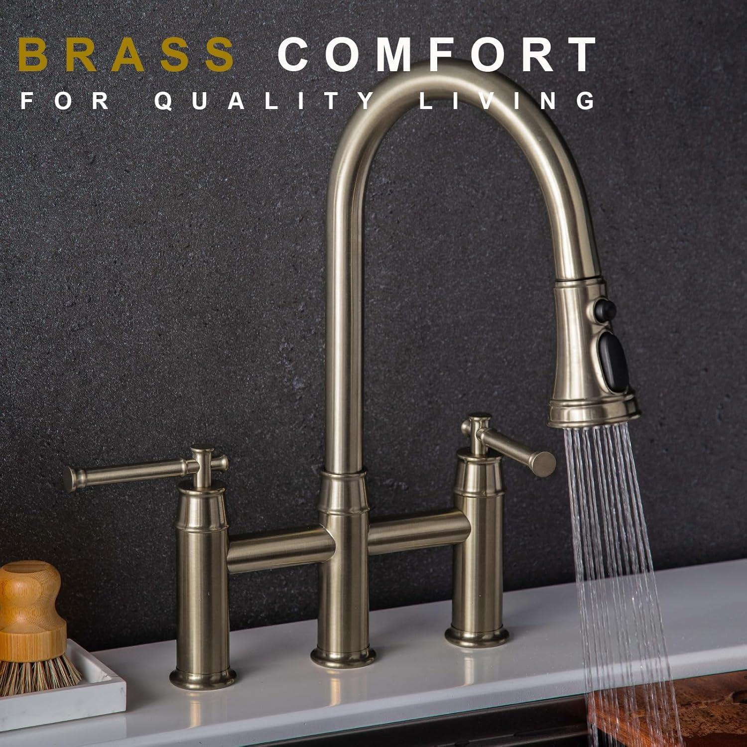 Brushed Nickel Double Handle Bridge Kitchen Faucet with Pull-Down Sprayer