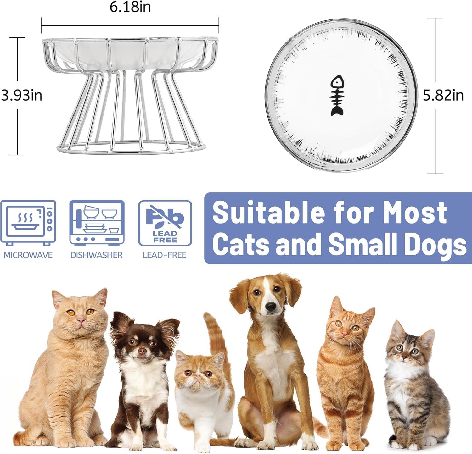 Cat Bowls, Elevated Cat Bowl, Raised Ceramic Dish with Metal Stand, Pet Water or Food Feeding Station for Indoor Cats, Kitten, Puppies and Small Dogs, Dishwasher Safe