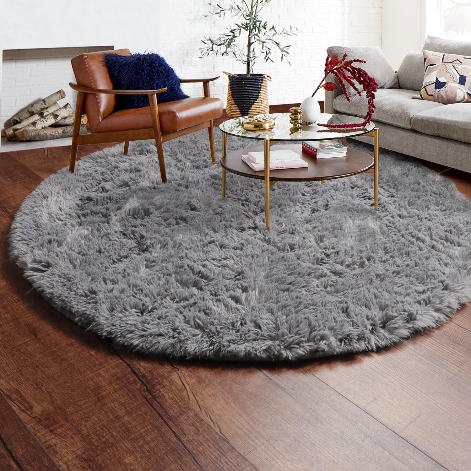 ONASAR Grey Round Area Rug 4ft, Gray Soft Bedroom Circle Throw Rugs for Kids Girls Boys Teen Dorm Room, Fluffy Plush Shaggy Carpet Mats for Nursery Living Room Playroom Home Office Decor Aesthetic
