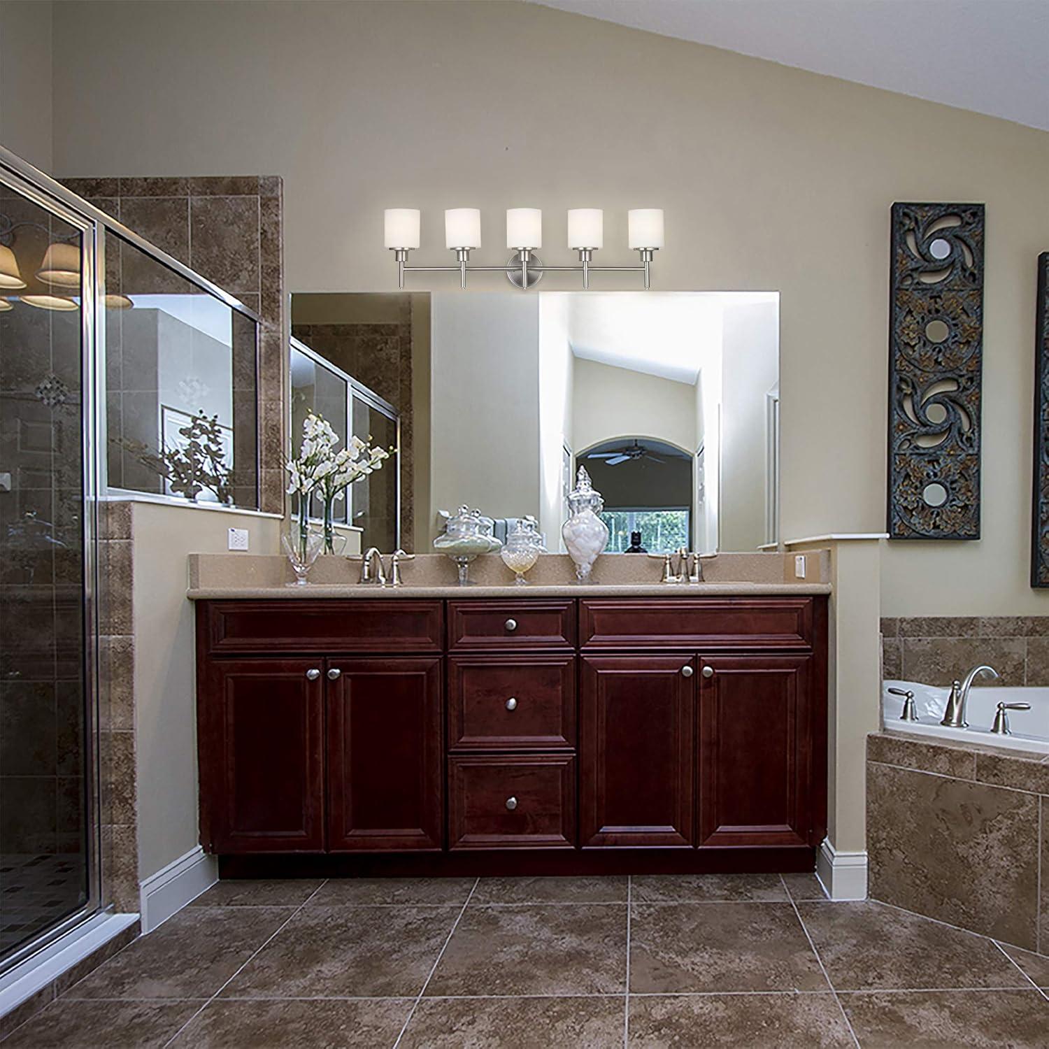 Design House 556225 Aubrey Transitional 5-Light Indoor Bathroom Vanity Light Dimmable Frosted Glass for Over the Mirror, Satin Nickel