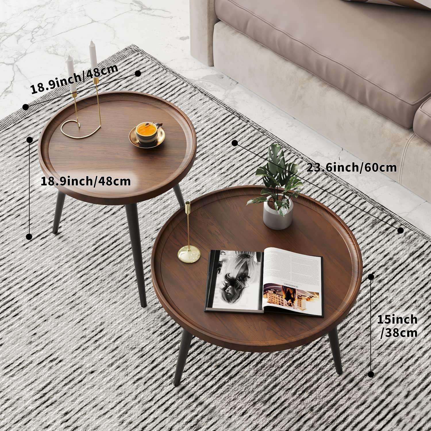 2-Piece Modern Round Coffee Table Set for Living Room,Easy Assembly Nesting Coffee Tables,Walnut Color Circle End Side Tables for Bedroom Office Balcony Yard