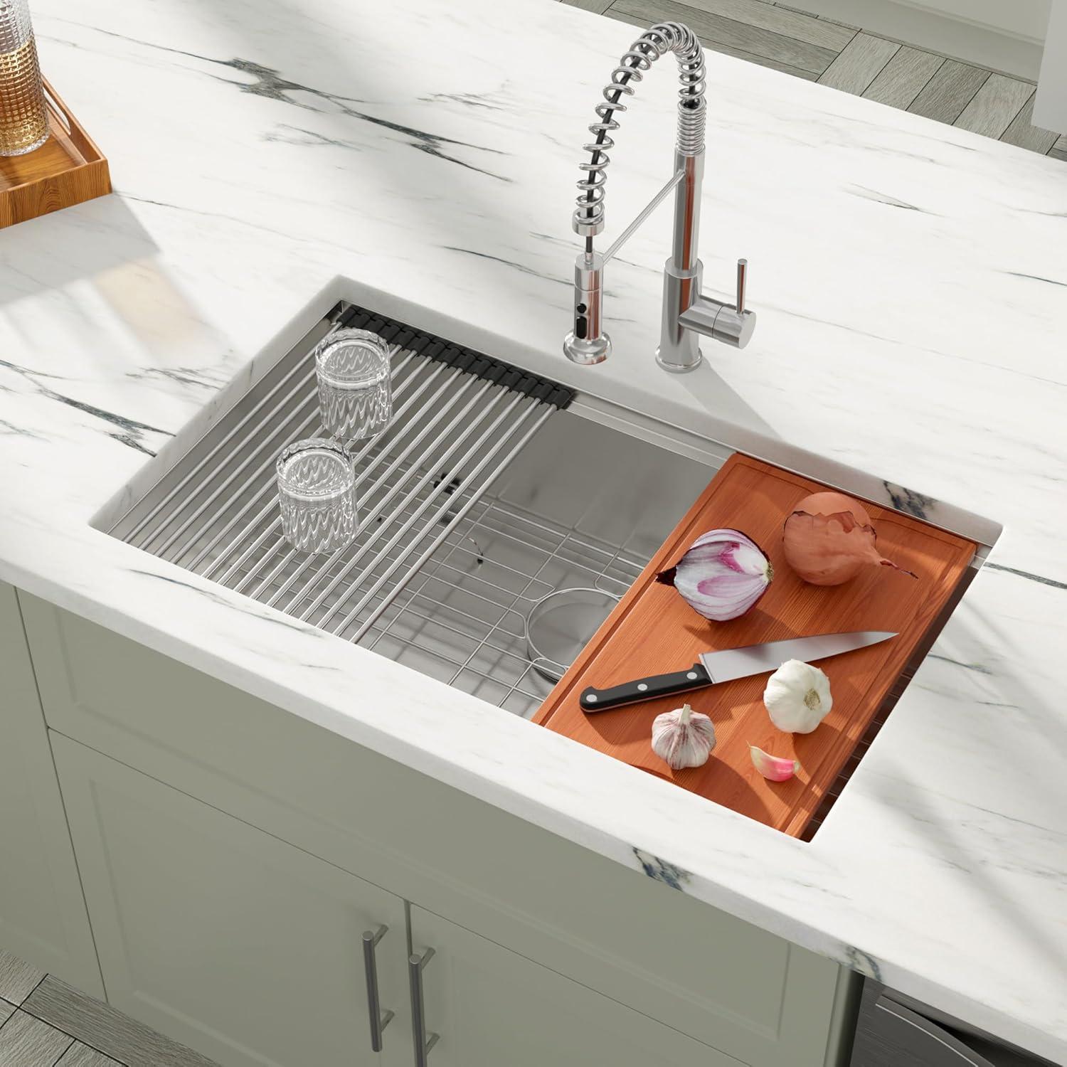 Dcolora 27 Inch Undermount Kitchen Sink Workstation 16 Gauge 304 Stainless Steel Large Single Bowl Under Counter Sinks, Round Corner 27"x19"x10", DC-U7703