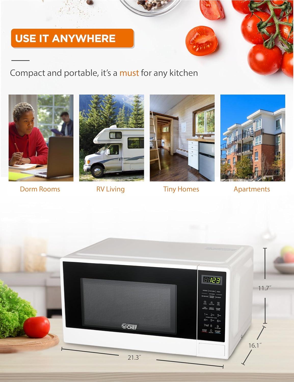 COMMERCIAL CHEF 1.1 Cu Ft Microwave with 10 Power Levels, Small Microwave with Push Button
