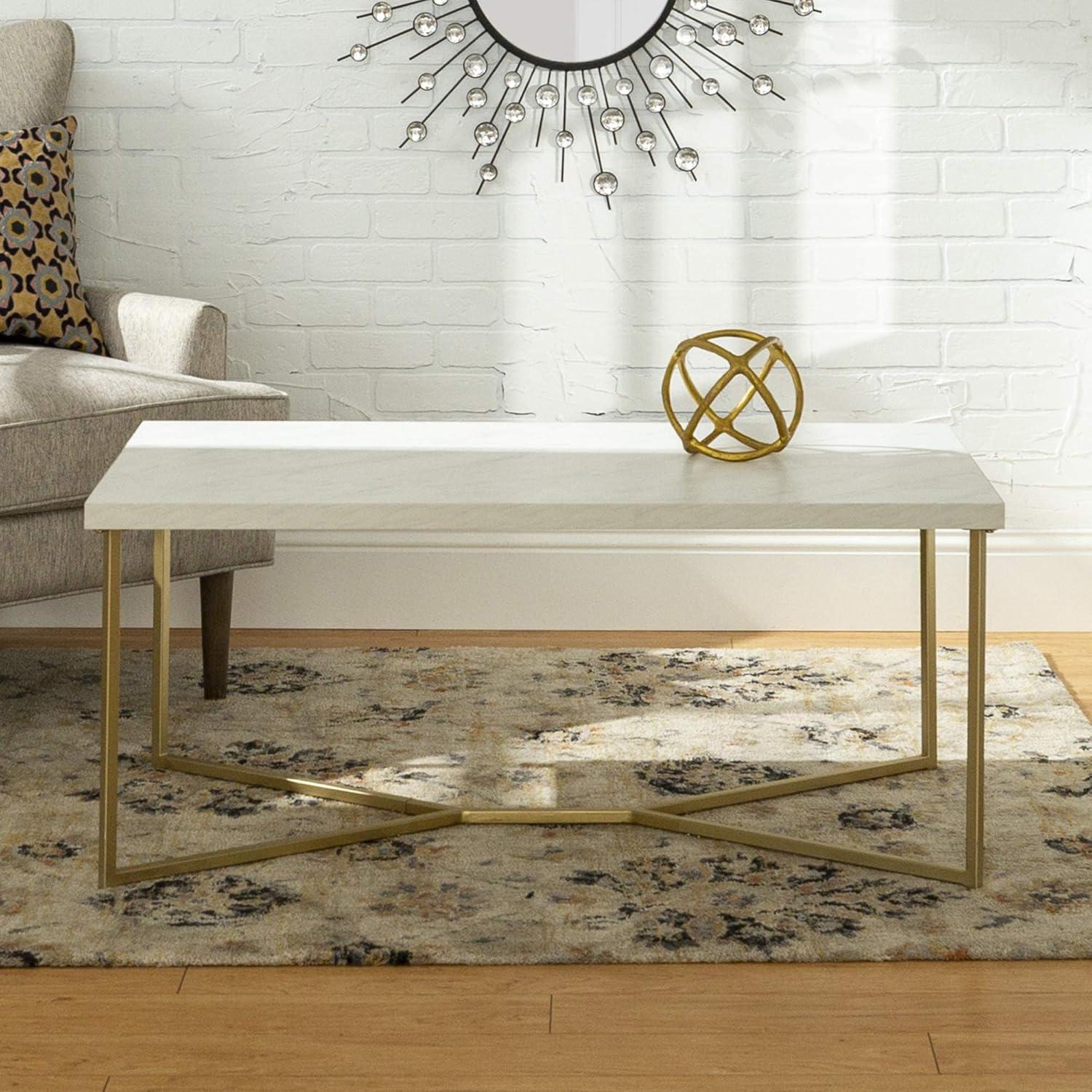Walker Edison Rectangle Modern Faux Marble and Metal Coffee Table in White/Gold
