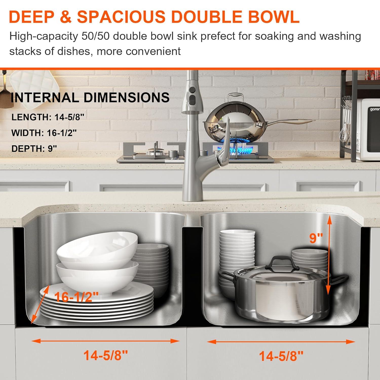 Blenzia 32 Inch Double Bowl Kitchen Sink 50/50 Undermount 304 Stainless Steel 18 Gauge 32" X 18" X 9"