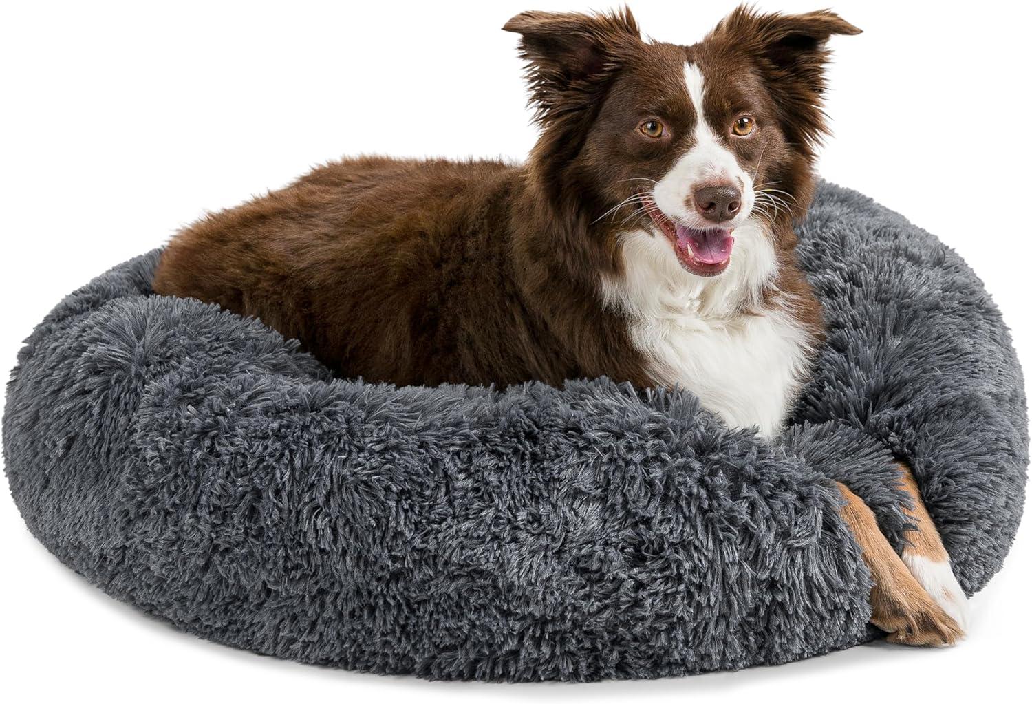 PetAmi Calming Dog Bed for Puppy Cat Kitten, Round Washable Pet Bed, Anti Anxiety Cuddler, Fluffy Plush Circular Donut Bed (Gray, Medium - 30")