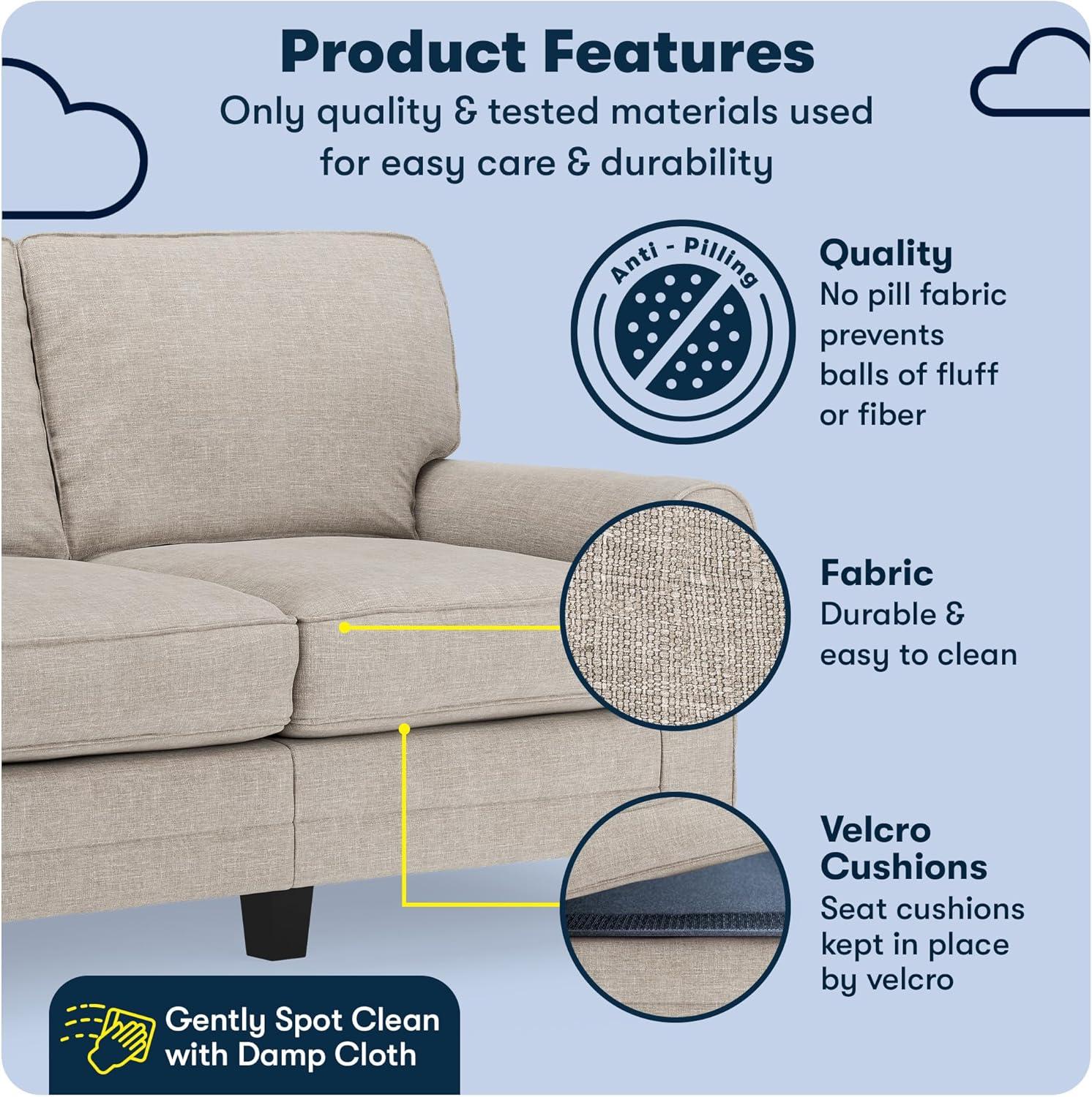 Serta Copenhagen 61" Rolled Arm Sofa, Easy Care Fabric, Soft Pillow Back, Pocket Coil Seat Cushions