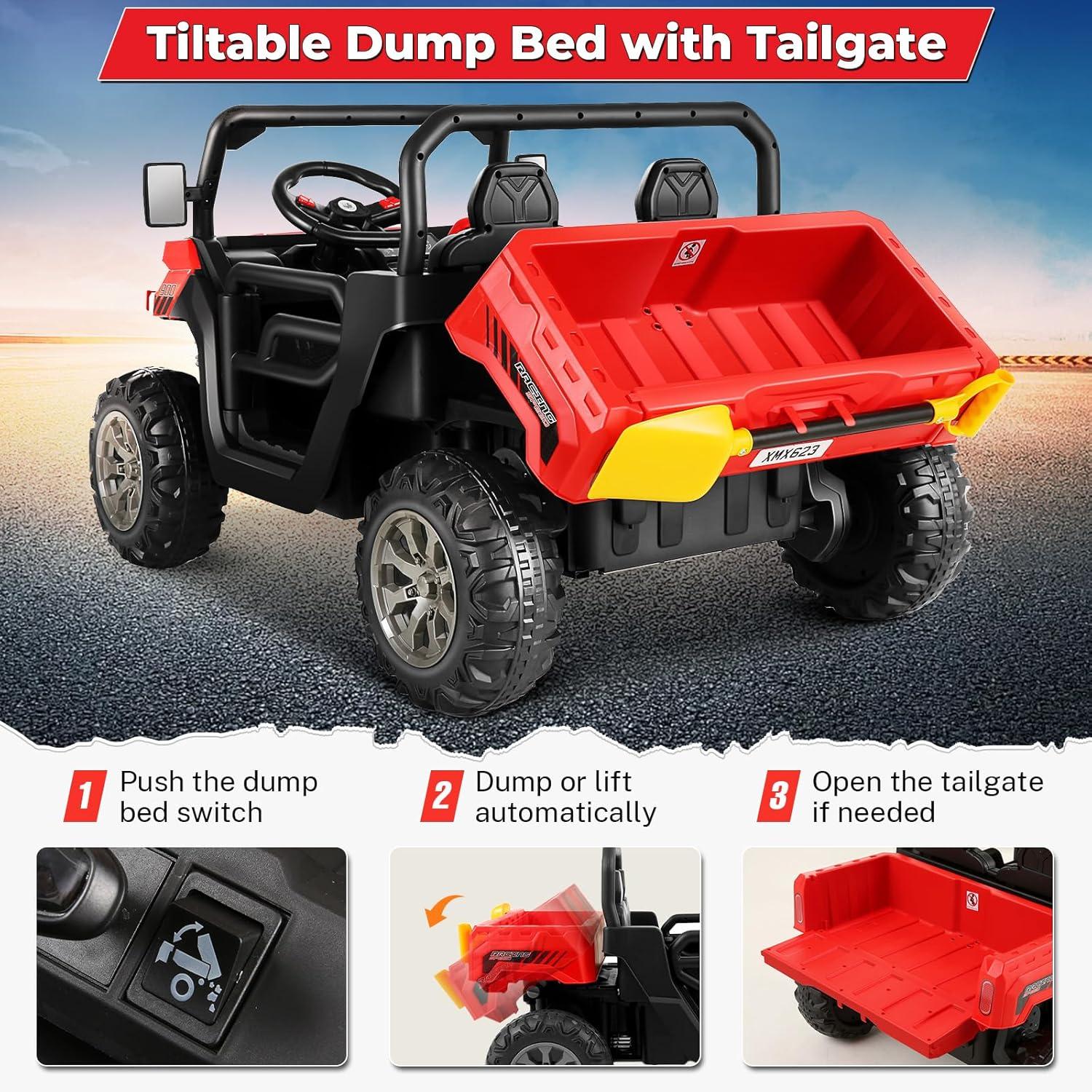 Funride 4WD 24 Volt Ride on Toys with Remote Control, 2 Seater Power Car Wheels UTV Toys, Ride on Truck Car w/ Electric Dump Bed, Shovel, Bluetooth Music