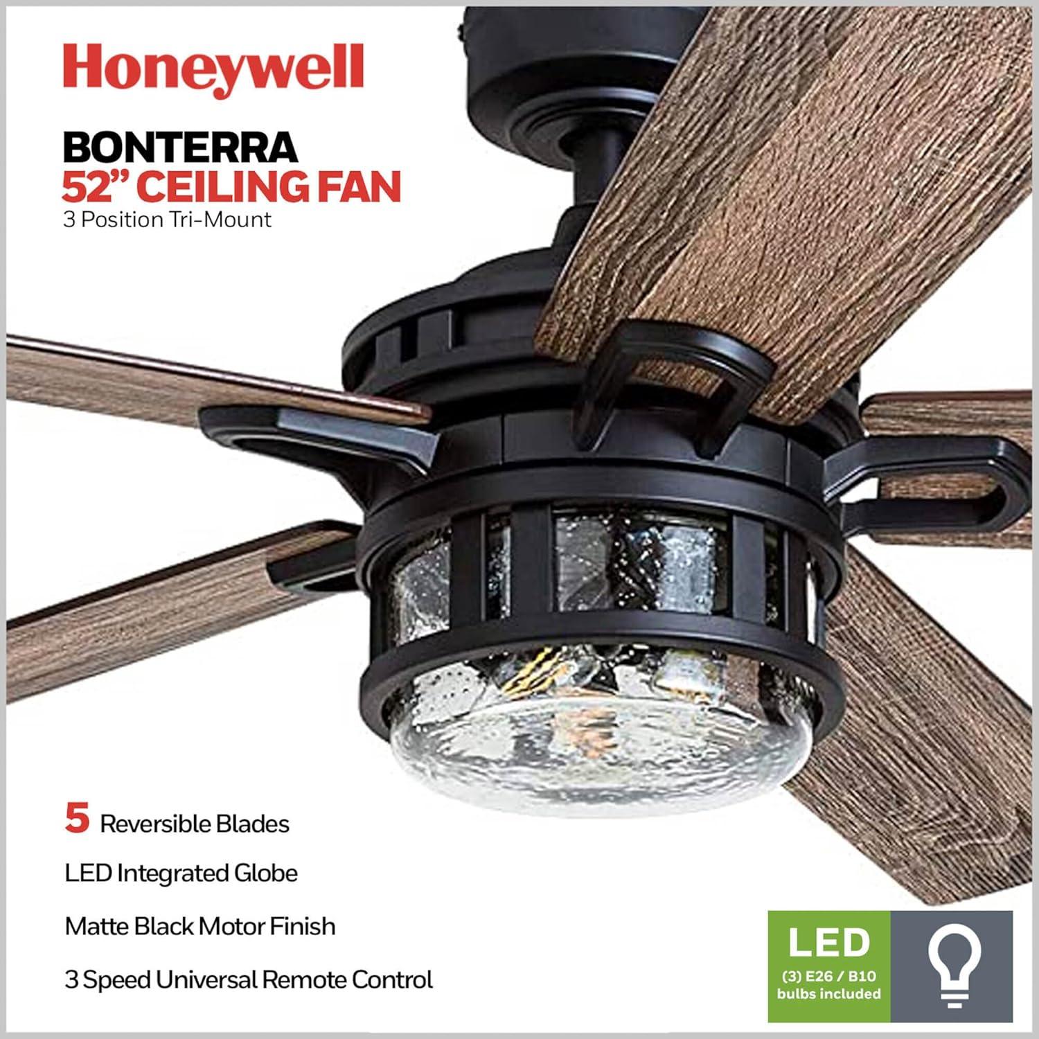 Honeywell 52-Inch Bontera Indoor 5 Blade Matte Black Craftsman Ceiling Fan with Remote Control