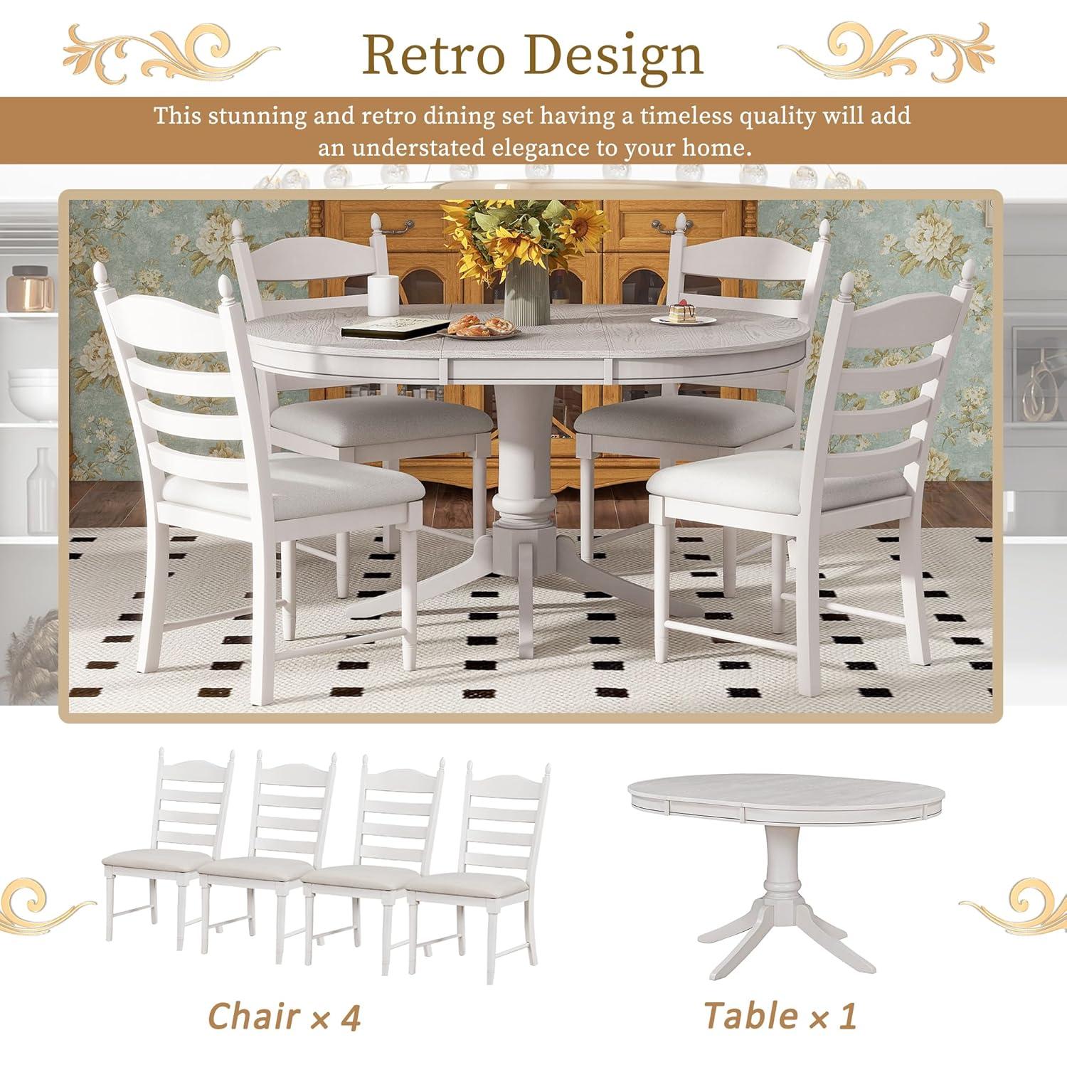 MERITLINE Dining Table Set, 5-Piece Retro Functional Dining Table Set, Wood Round Extendable Dining Table and 4 Upholstered Dining Chairs（Off White）