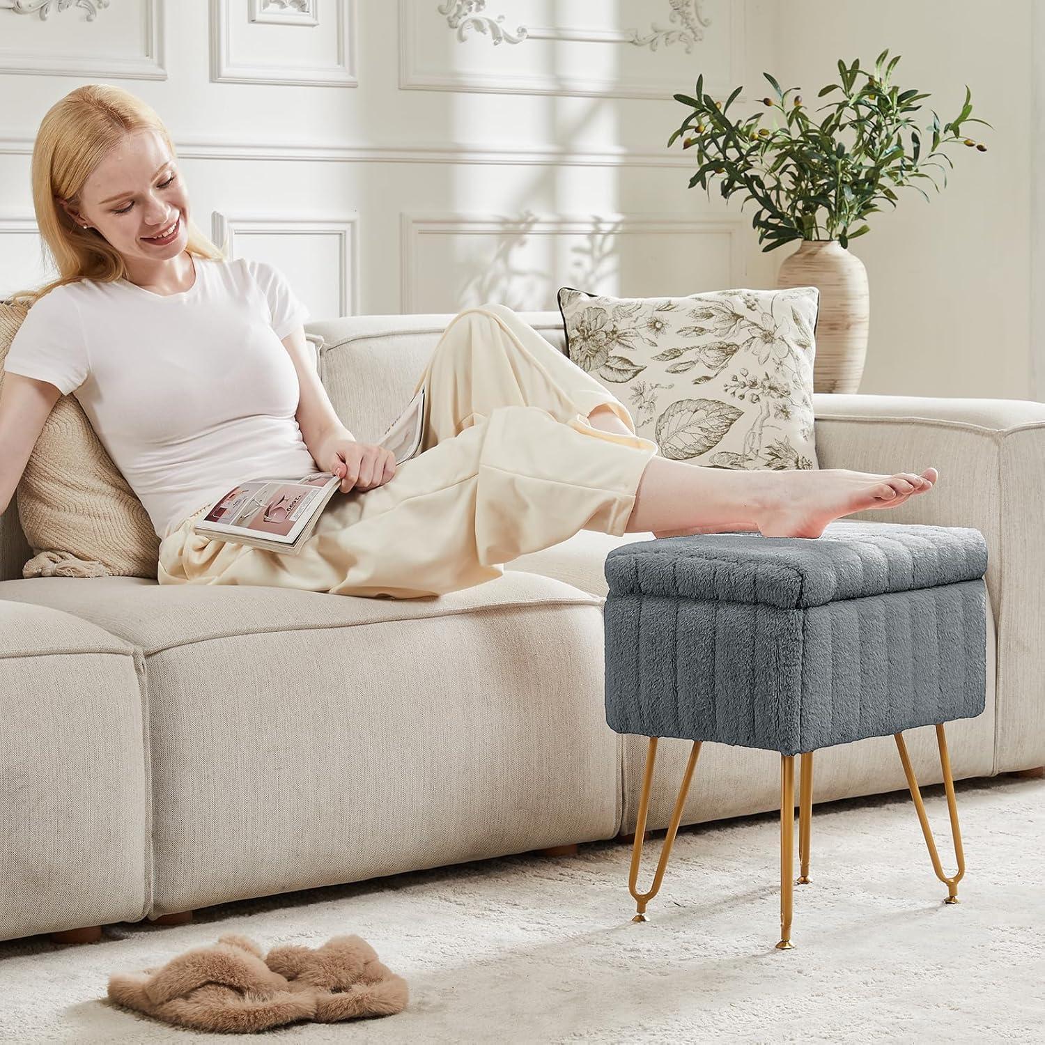 Vanity Stool Chair with Storage, Ottoman Faux Fur Soft Padded Makeup Footstools Seat with 4 Metal Legs