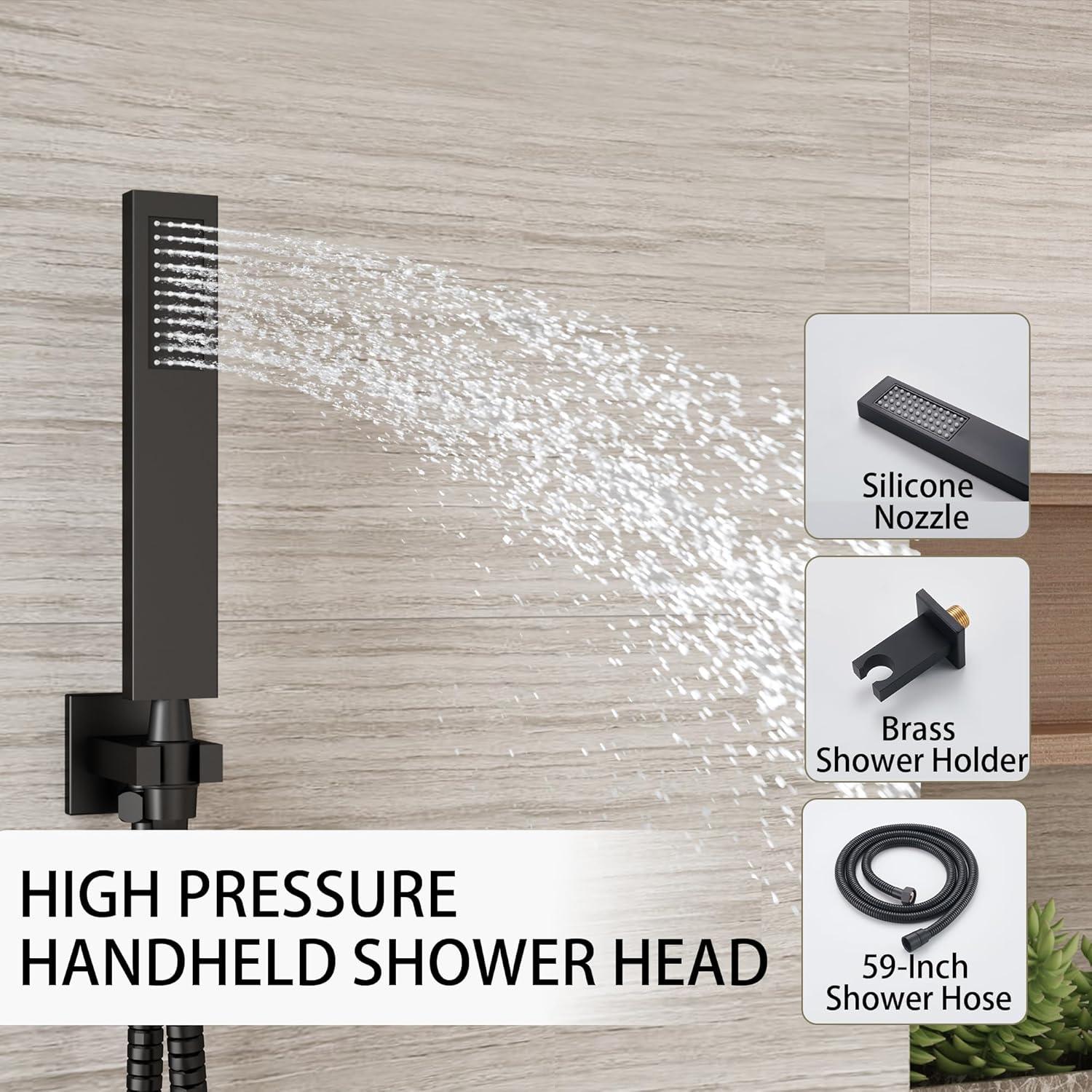 Shower Faucet Set 12" Matte Black Shower Head And Handle Set Rainfall Shower System with Square Rain Shower Head and High Pressure Handheld Spray