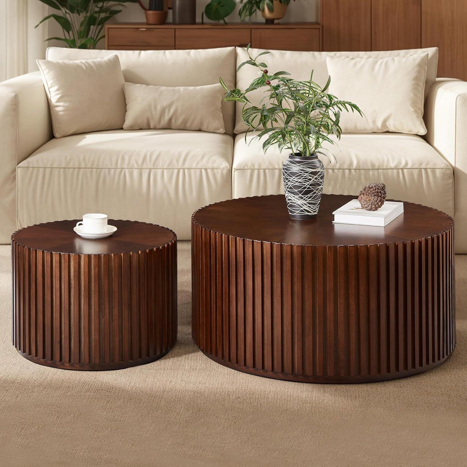 Round Wood Coffee Table Set of 2, Handcraft Drum Side Table End Table for Living Room, Modern Circle Wooden Coffee Table Set for Small Space, No Need Assembly(Deep Brown,31x31x16 in)