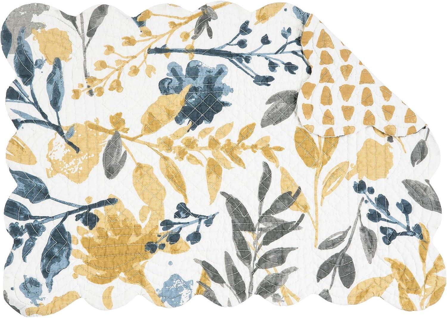 Natural Cotton Quilted Floral Rectangular Placemats in Yellow and Blue