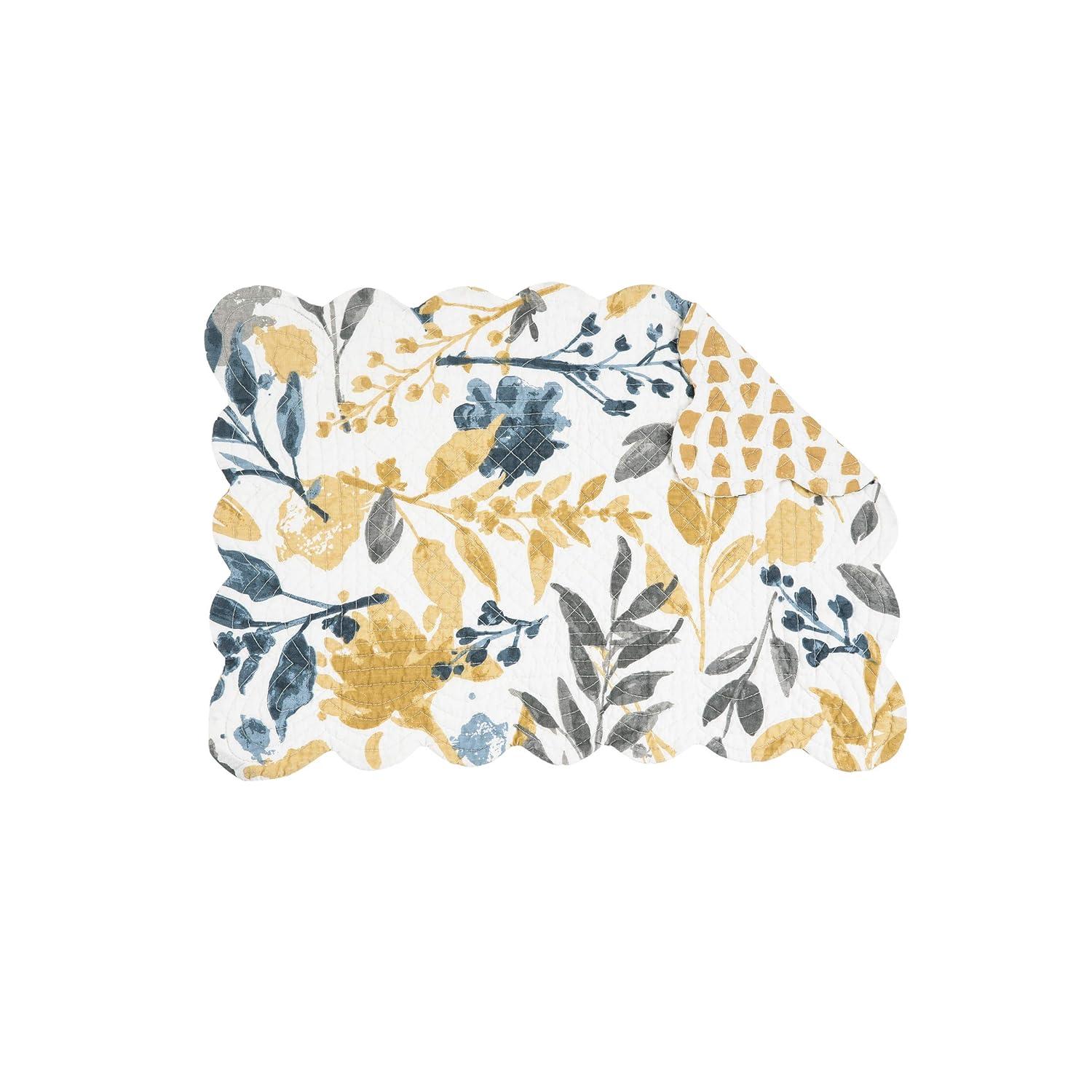 Natural Cotton Quilted Floral Rectangular Placemats in Yellow and Blue