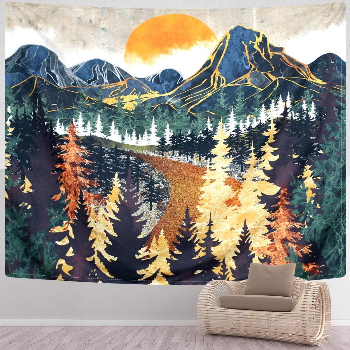 Mountain Sunset Forest Trees Polyester Wall Tapestry 51.2 x 59.1 inches