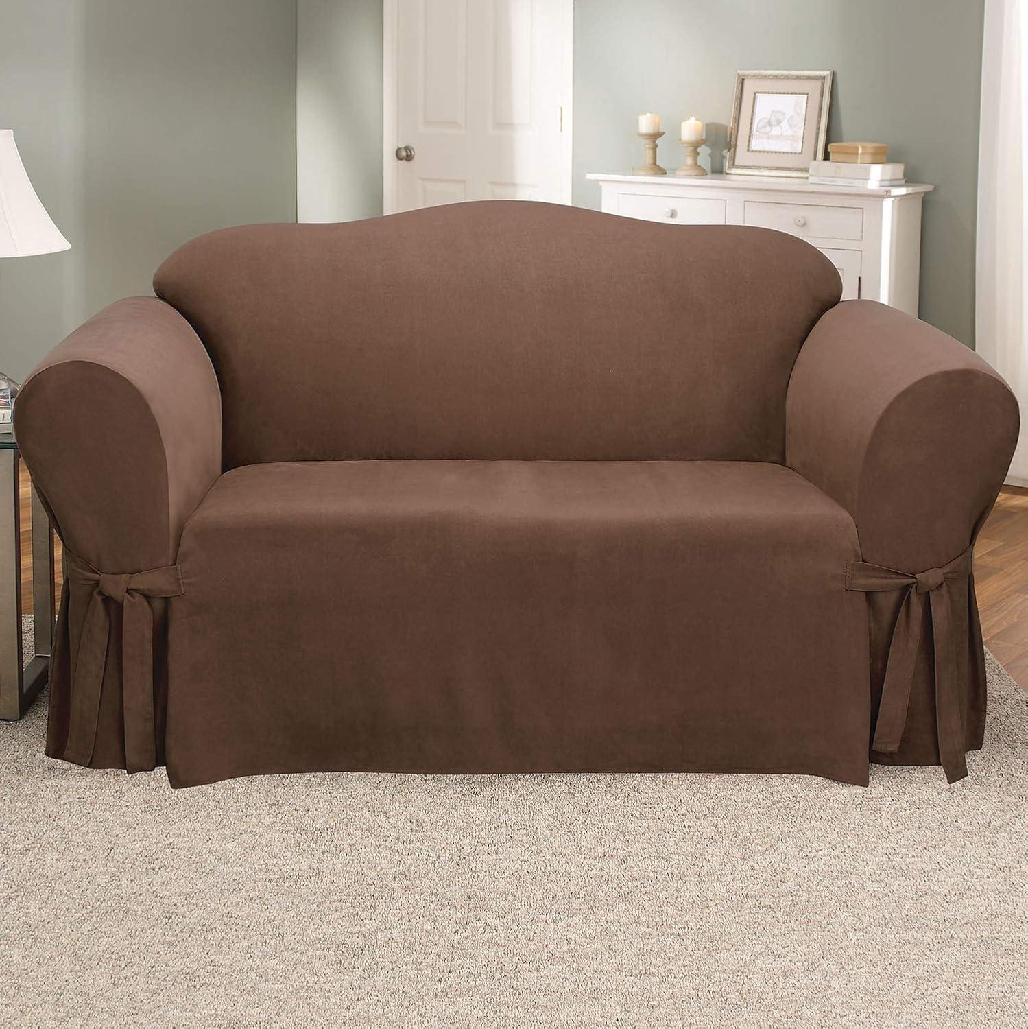 Soft Suede Loveseat Slipcover Chocolate - Sure Fit: Stretch Fit Polyester & Spandex, Indoor Use, Zipper Closure