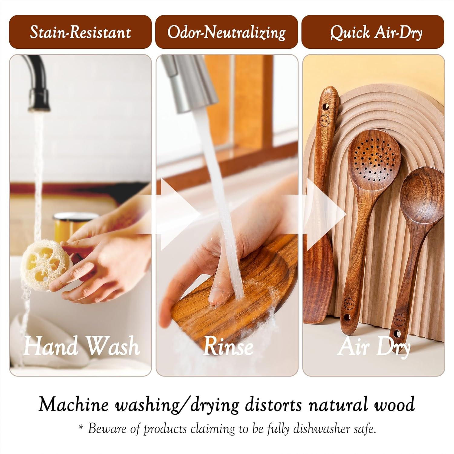 Wooden Spoons for Cooking, 10 Pcs Teak Wood Cooking Utensil Set ‚ Wooden Kitchen Utensils for Nonstick Pans & Cookware ‚ Sturdy, Lightweight & Heat Resistant