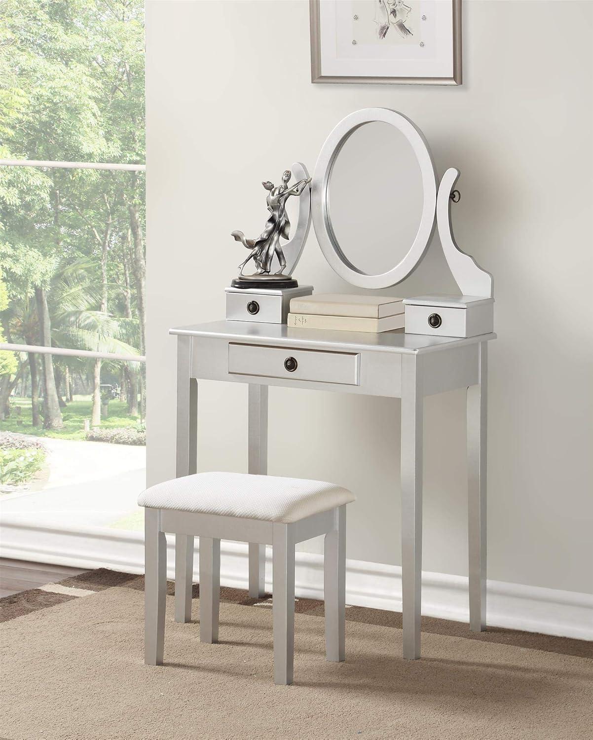 Roundhill Furniture Moniya Wood Makeup Vanity Table and Stool Set, Silver