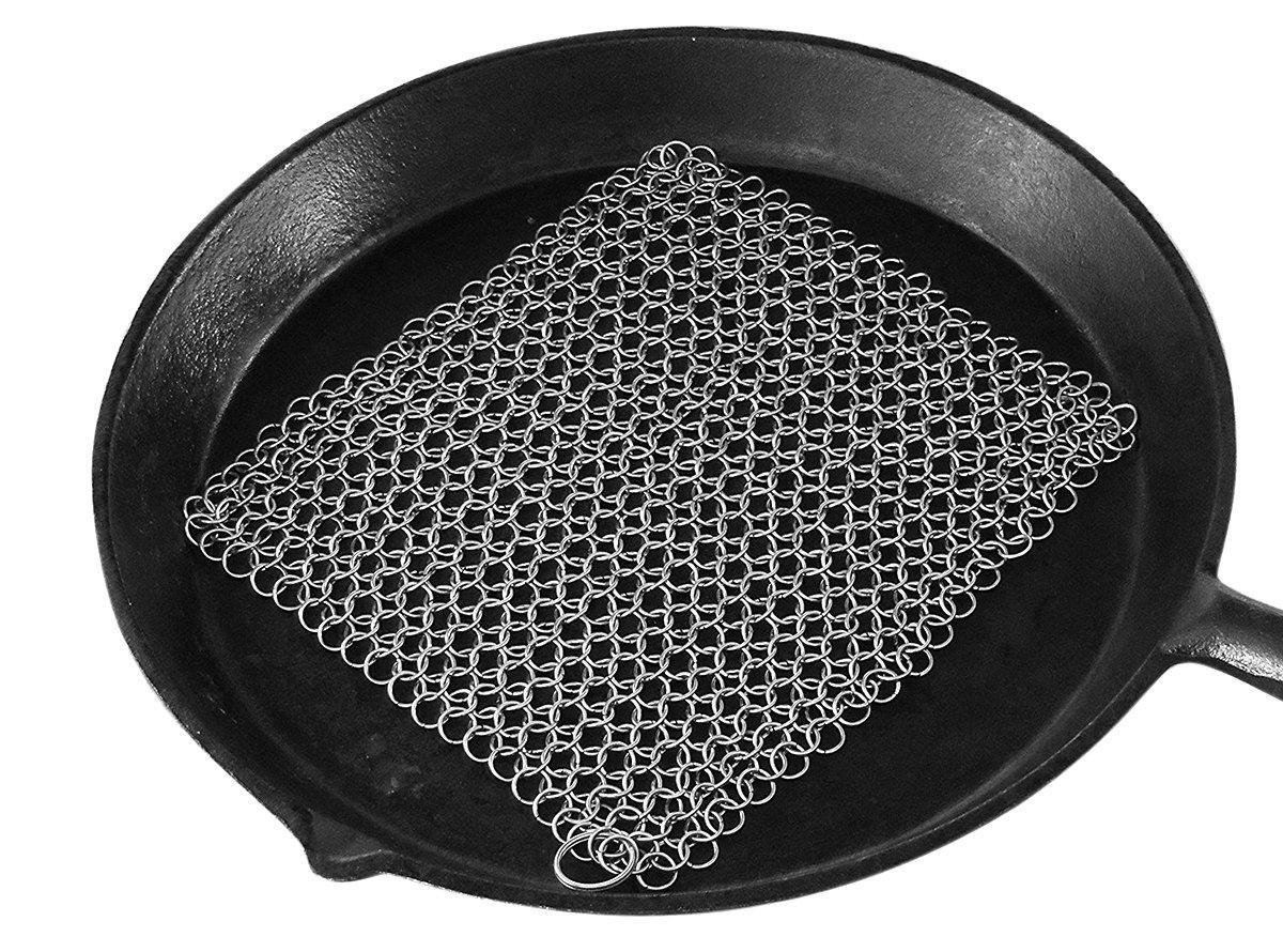 Cast Iron Scrubber 316 Stainless Steel Skillet Cleaner 8"x6" Chainmail Scrubber Scraper Chain Mail Link Scrub for Cast Iron Pre-Seasoned Pans, Griddles, BBQ Grills, and Pot Cookware Cleaning