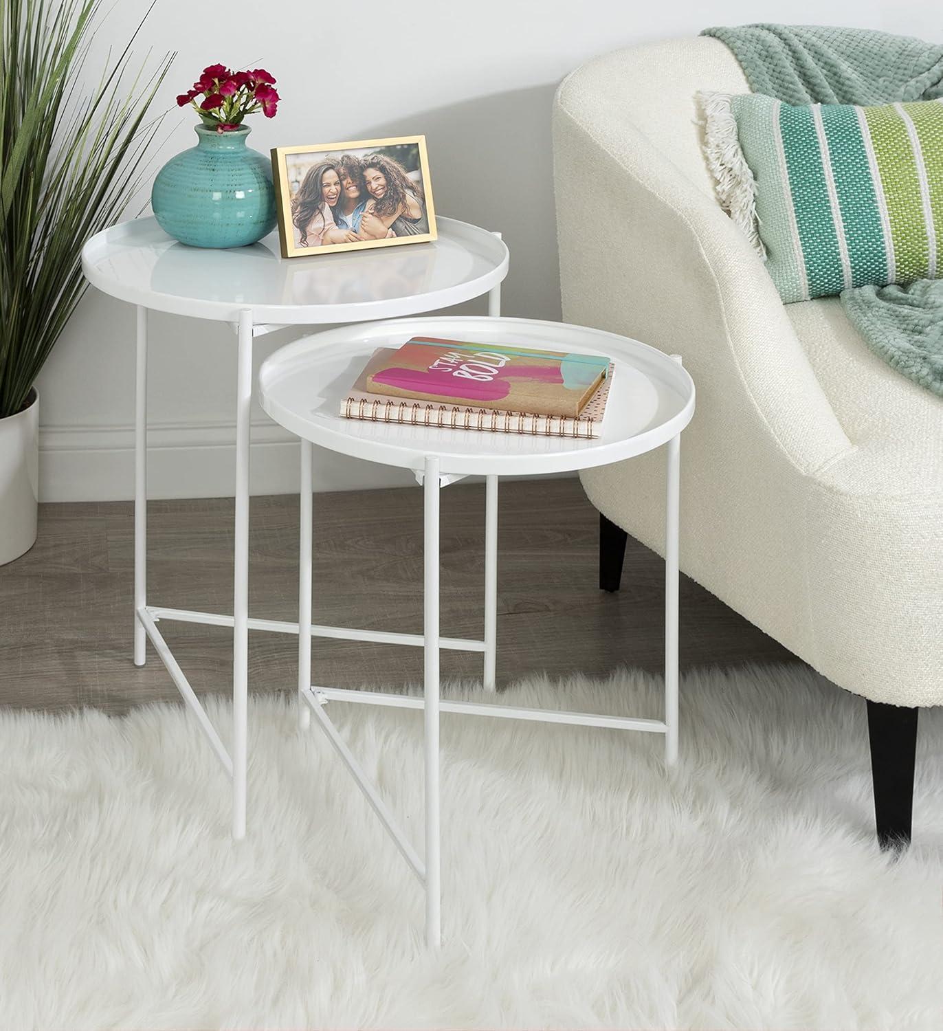 Modern Geometric White Round Metal Nesting Tables Set