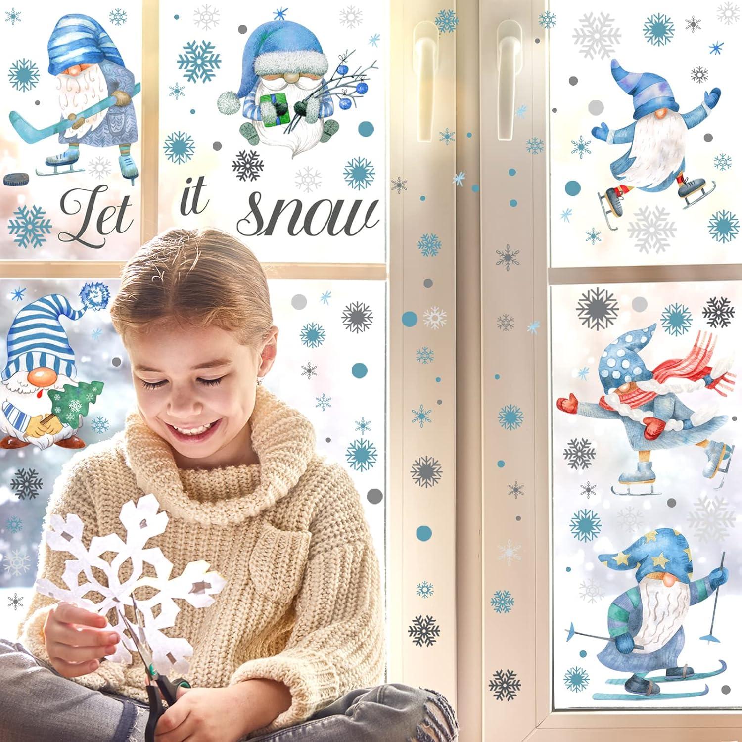 135 Pcs Snowy Winter Gnome Snowflake Wall Decals Christmas Wall Decals Snowflakes Wall Decal Silver And Blue Theme Christmas Snowflake Wall Stickers For Kid Bedroom Home Kitchen Decor Gift(Snow Style)