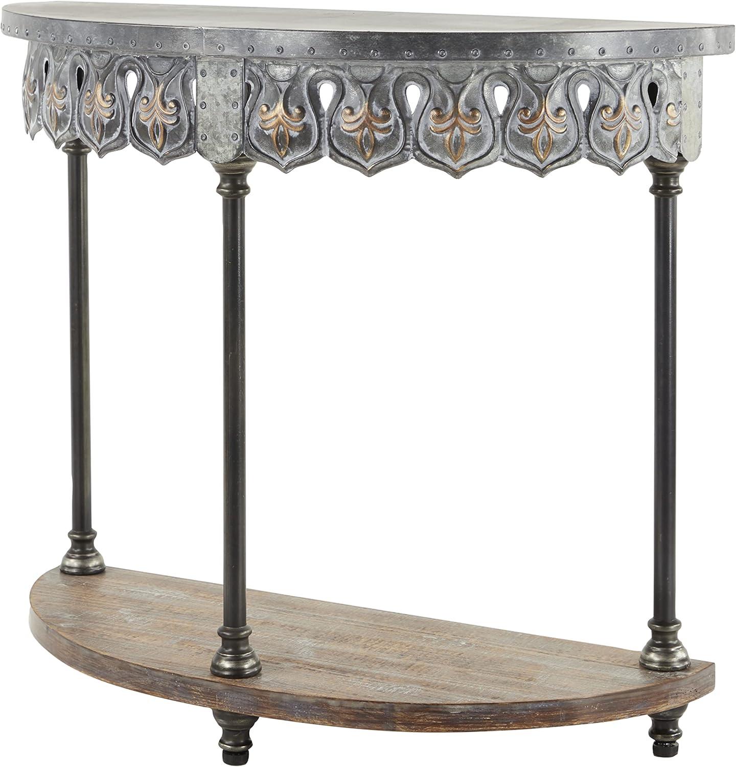 Gray Metal and Wood Demilune Console Table with Storage