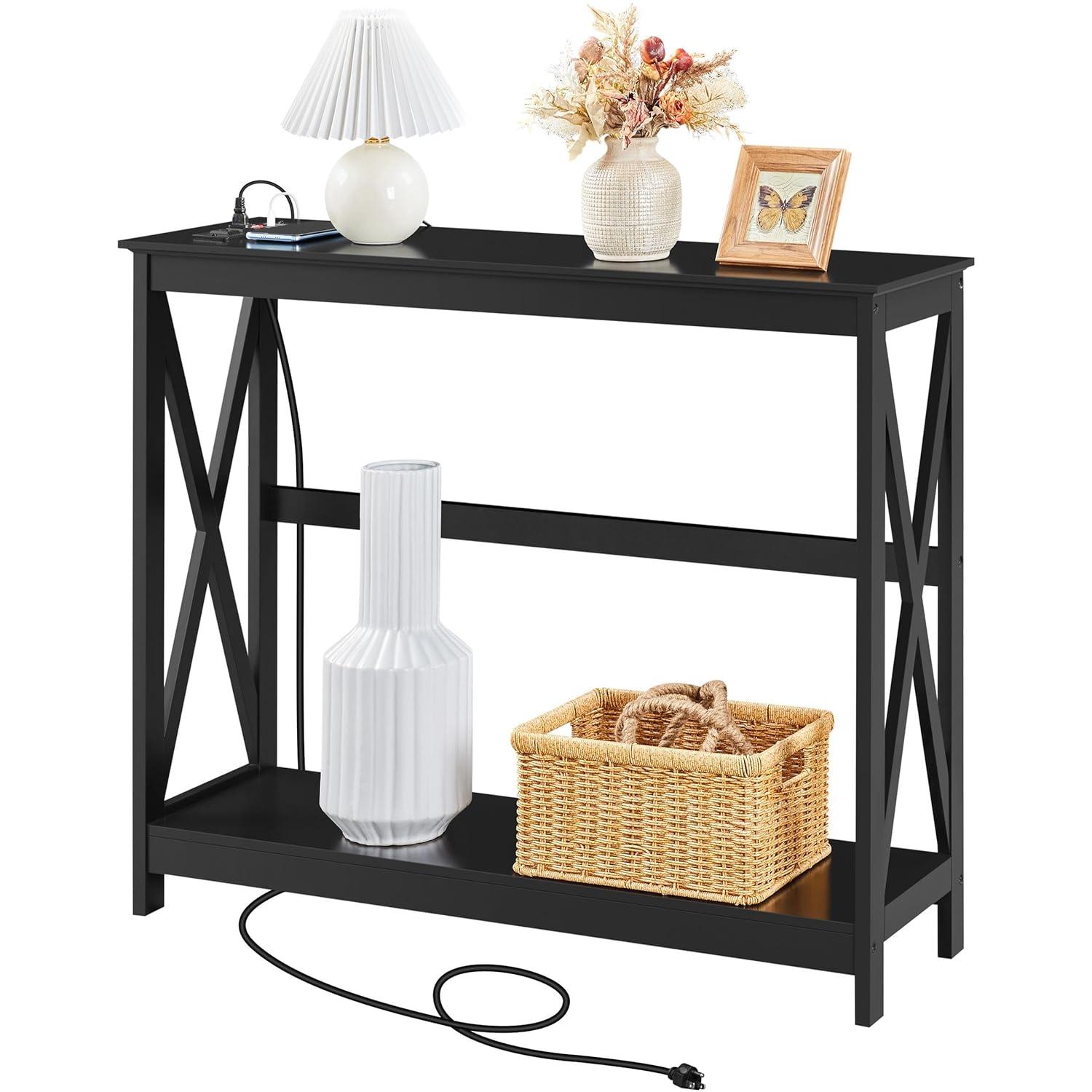 Yaheetech Wooden Console Table Entryway Table with Power Outlet, Black