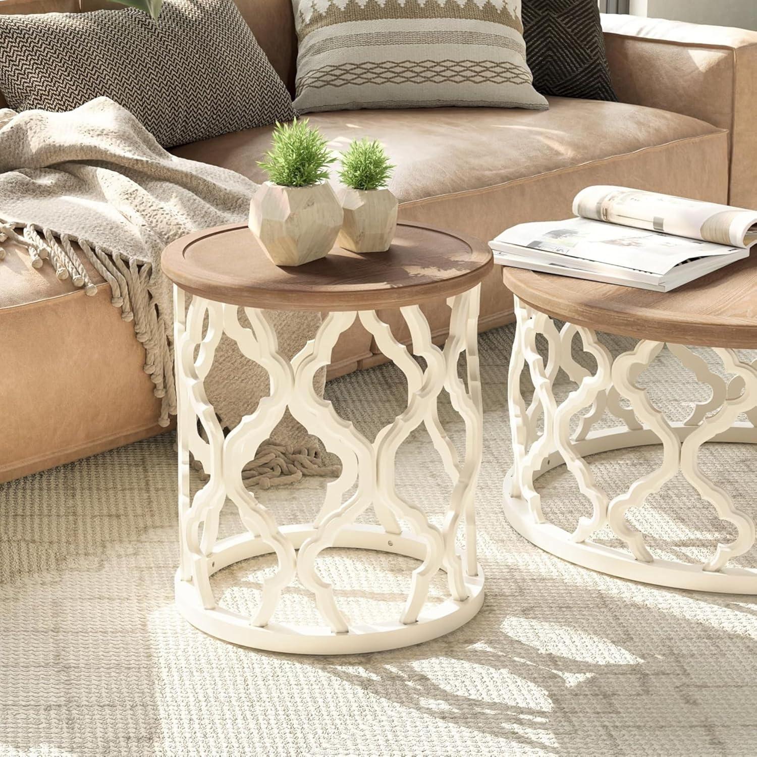 Round Natural Wood Coffee Table with Curved Motif Frame