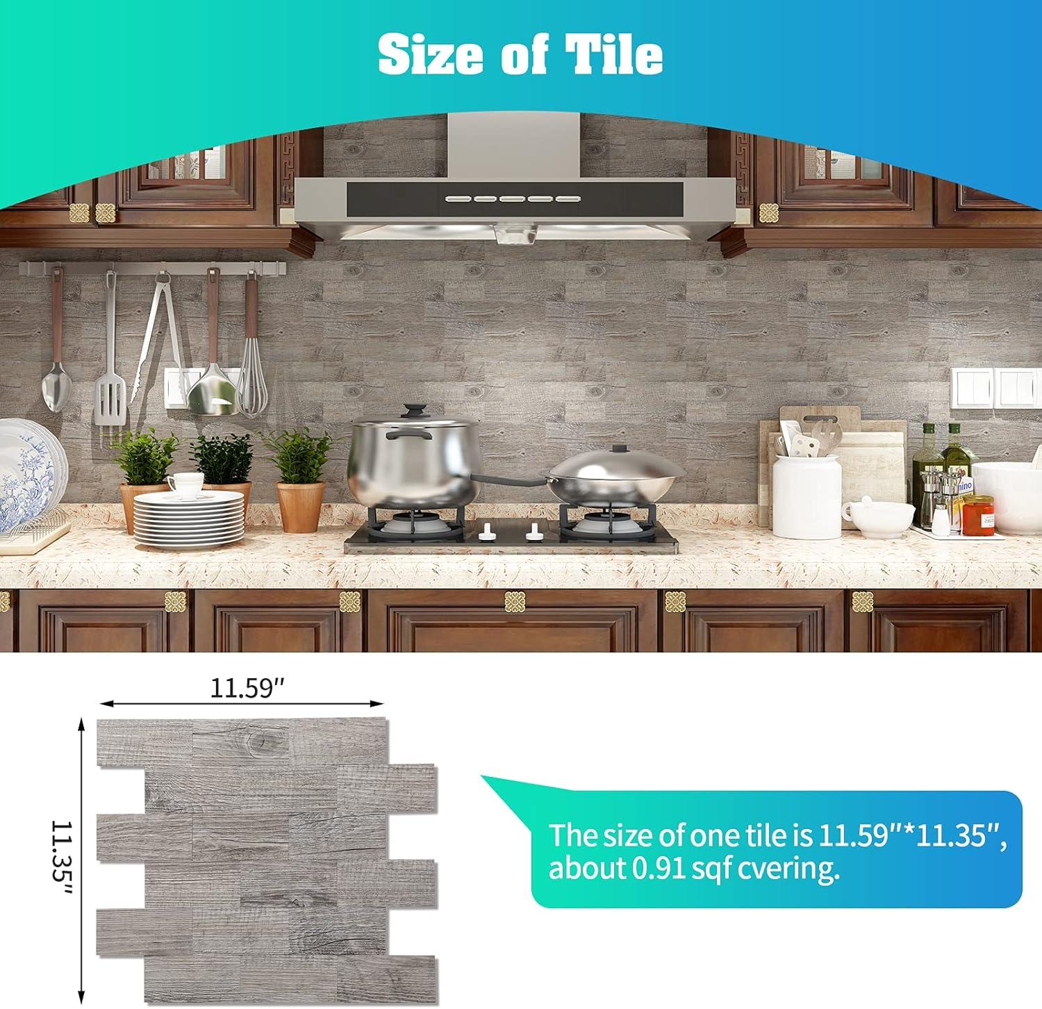 10-Pack Peel and Stick Tile Backsplash 11.3"X11.5" PVC Wall Tiles, Stick on Backsplash for Kitchen, Bathroom Tile, Fireplace Décor, Laundry Table, Stair Decals in Grey Rustic