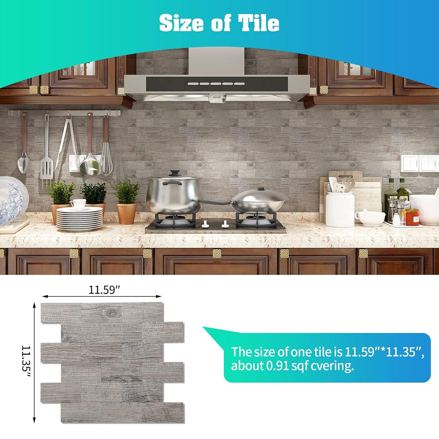 10-Pack Peel and Stick Tile Backsplash 11.3"X11.5" PVC Wall Tiles, Stick on Backsplash for Kitchen, Bathroom Tile, Fireplace Décor, Laundry Table, Stair Decals in Grey Rustic