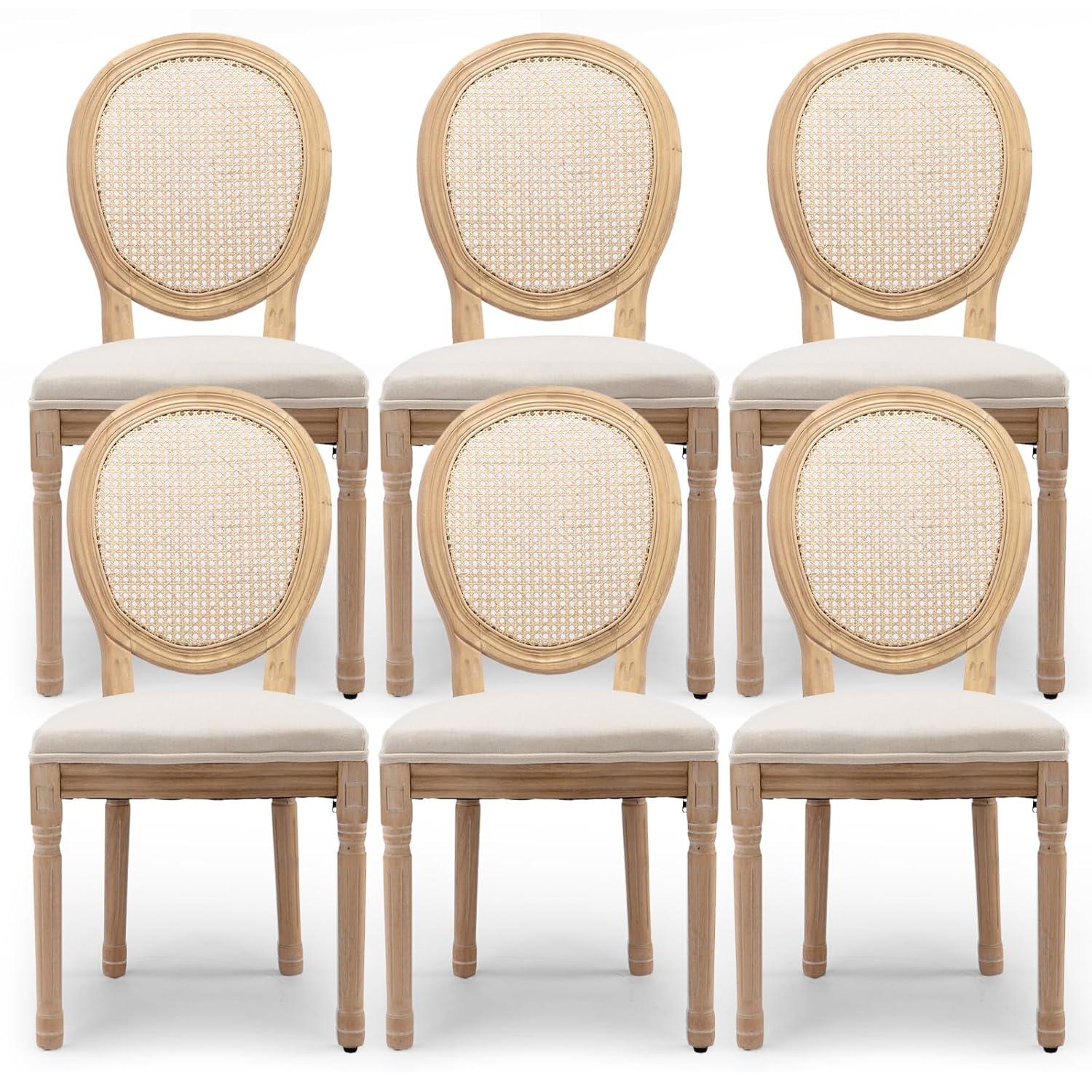 One Allium Way® French Style Rattan Back Solid Wood Upholstered Dining Chairs(Set of 6)