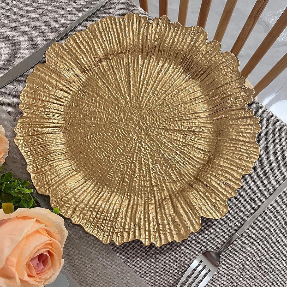 Gold Charger Plates Set - 13” Vintage Plastic Dinnerware Set - Reusable Elegant Serving Plates for Parties, Weddings and Events 6 Pack