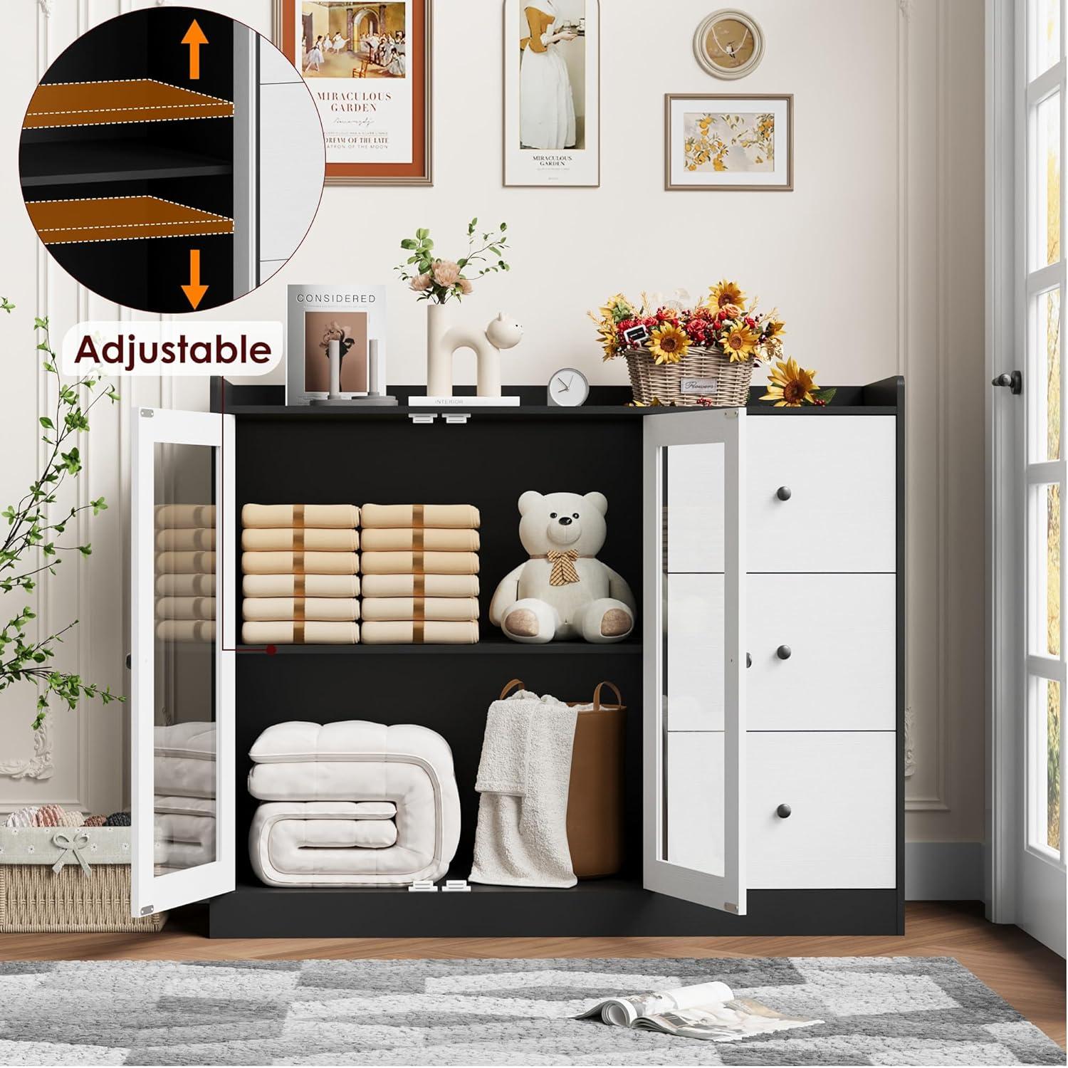 ZACOO Sideboard Buffet Cabinet With Storage, 43" Coffee Bar Cabinet With Glass Doors And 3 Drawers, Storage Cabinet With Adjustable Shelves