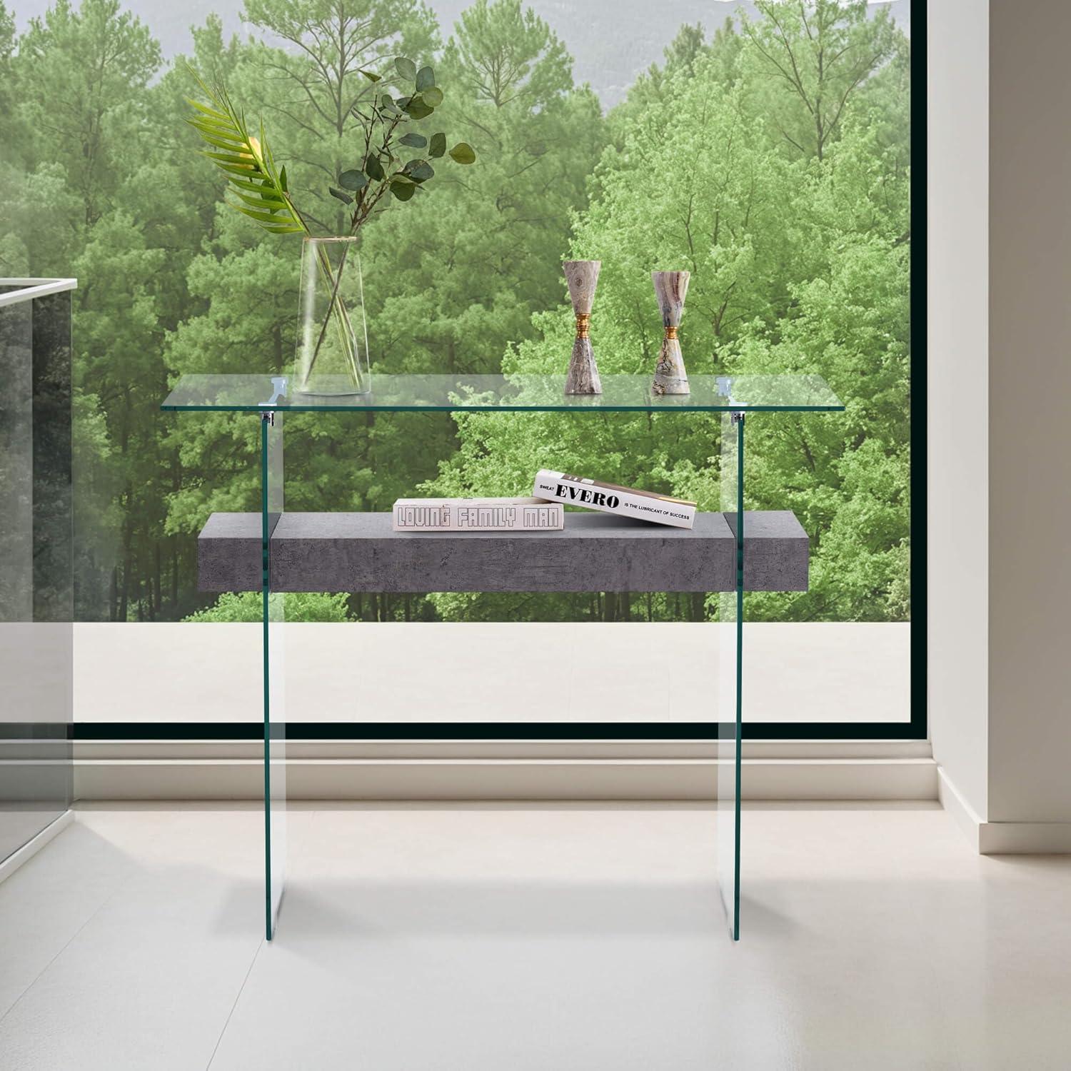 Ivinta Narrow Glass Console Table with Storage Modern Sofa Table Entryway Table Glass Writing Desk Small Computer Desk TV Table Buffet Table Modern Accent Table for Small Space Living Room Hallway