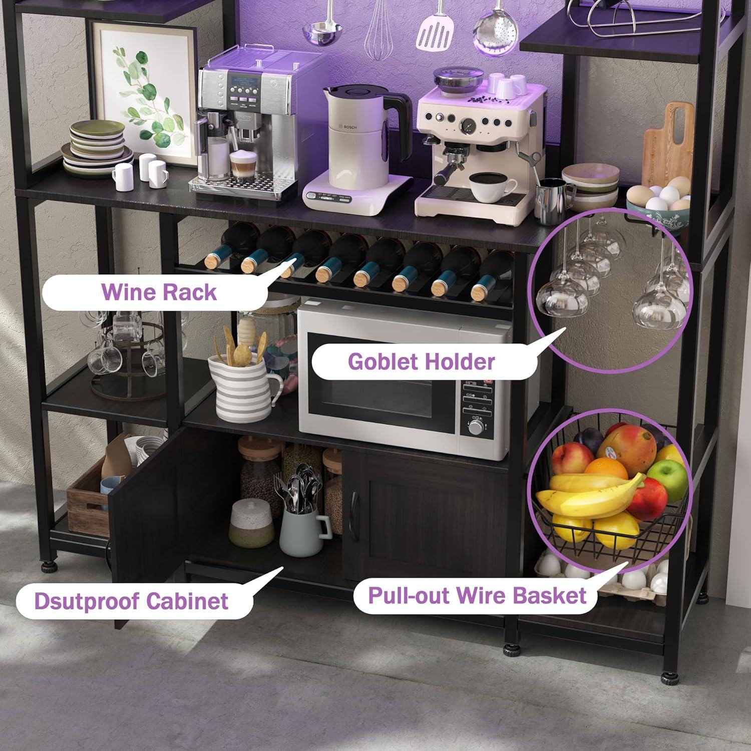 Ataucjin 55" 5-Tier Bakers Rack With Power Outlet And LED Light Kitchen Microwave Stand Farmhouse Coffee Bar Cabinet With Storage Shelf 10 Hooks Wire Basket Wine Rack For Spices Pots Pans