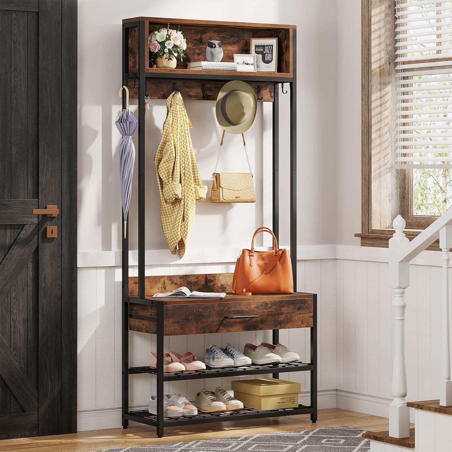 Tribesigns 3-in-1 Entryway Hall Tree with Drawer, Vintage Industrial Coat Rack with Shoe Storage Rack and Hutch for Living Room Bedroom
