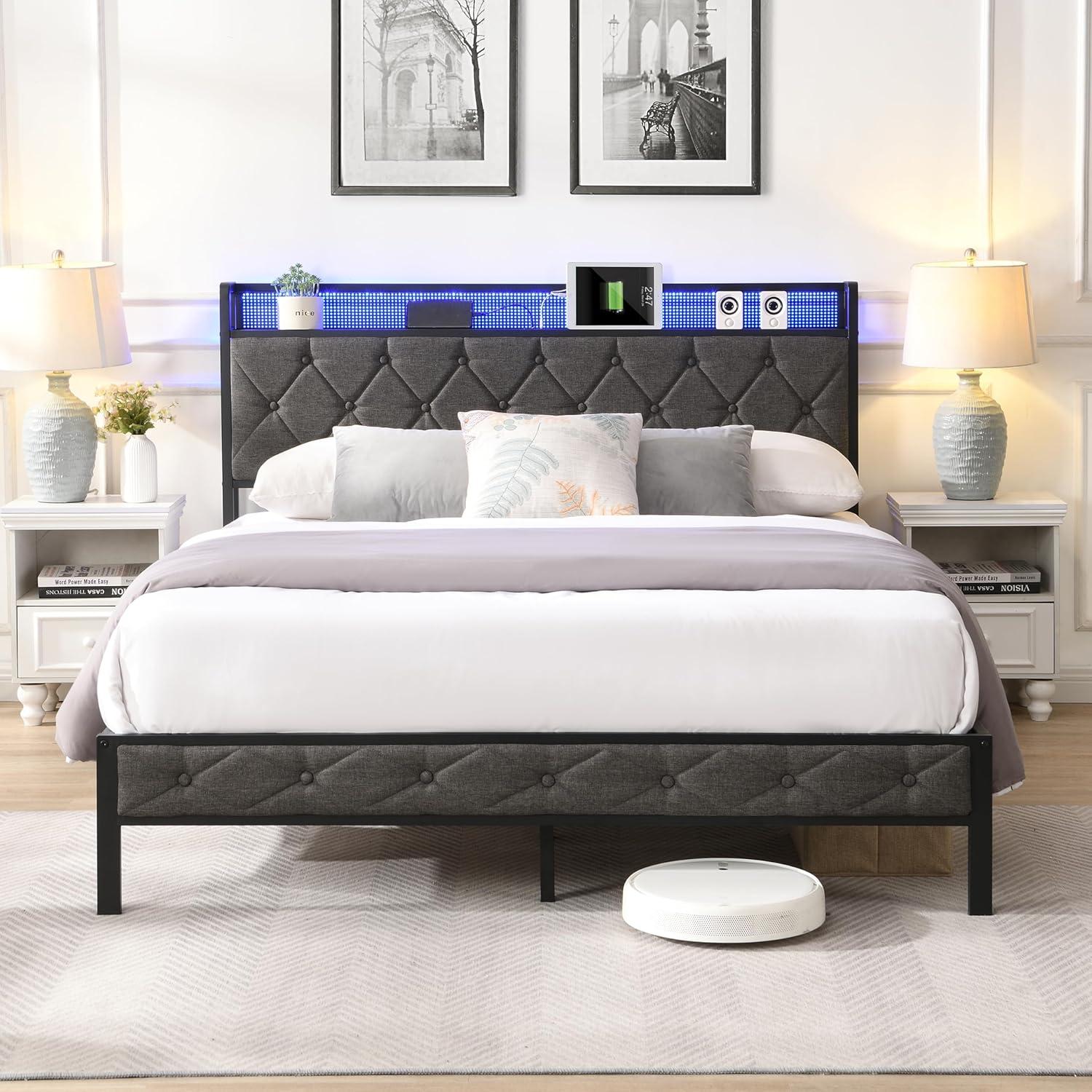 Bed With Storage Headboard, Charging Station And LED Lights, Upholstered Platform Bed Frame With Metal Slats, No Box Spring Needed, Gray