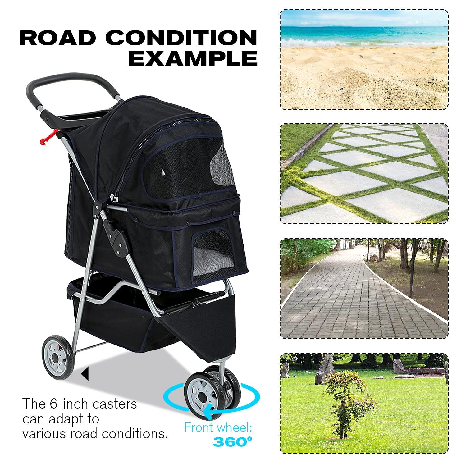 HCY Folding Dog Stroller, 3 Wheels Pet Strollers Pet Gear for Small Medium Cats Dogs Puppy with Storage Basket, Cup Holder,Lightweight-Black, 35x17x38 Inch