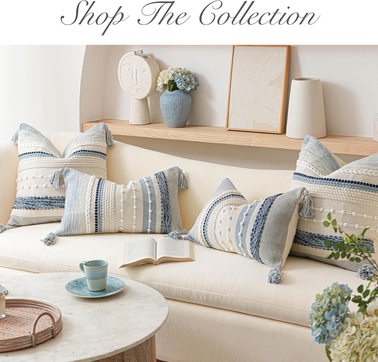 Decorative Lumbar Throw Pillow Cover 14x24 Boho Coastal Blue Accent Cushion for Couch Sofa Farmhouse Pillowcase for Bedroom Living Room Home Décor Cover ONLY